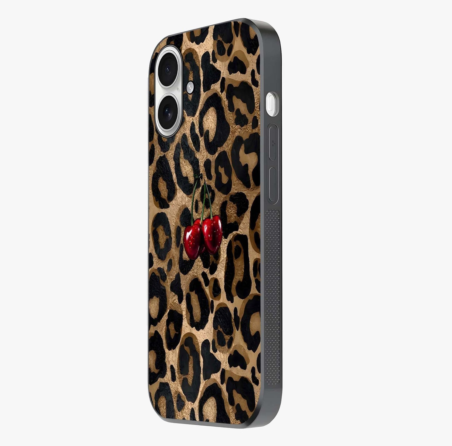 Leopard Wild Cherry Glass Case photographed in natural light showing reflective finish and design depth.