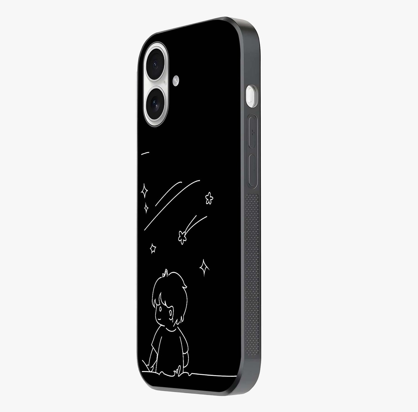 Line Art Boy With Shooting Stars Glass Case photographed in natural light showing reflective finish and design depth.