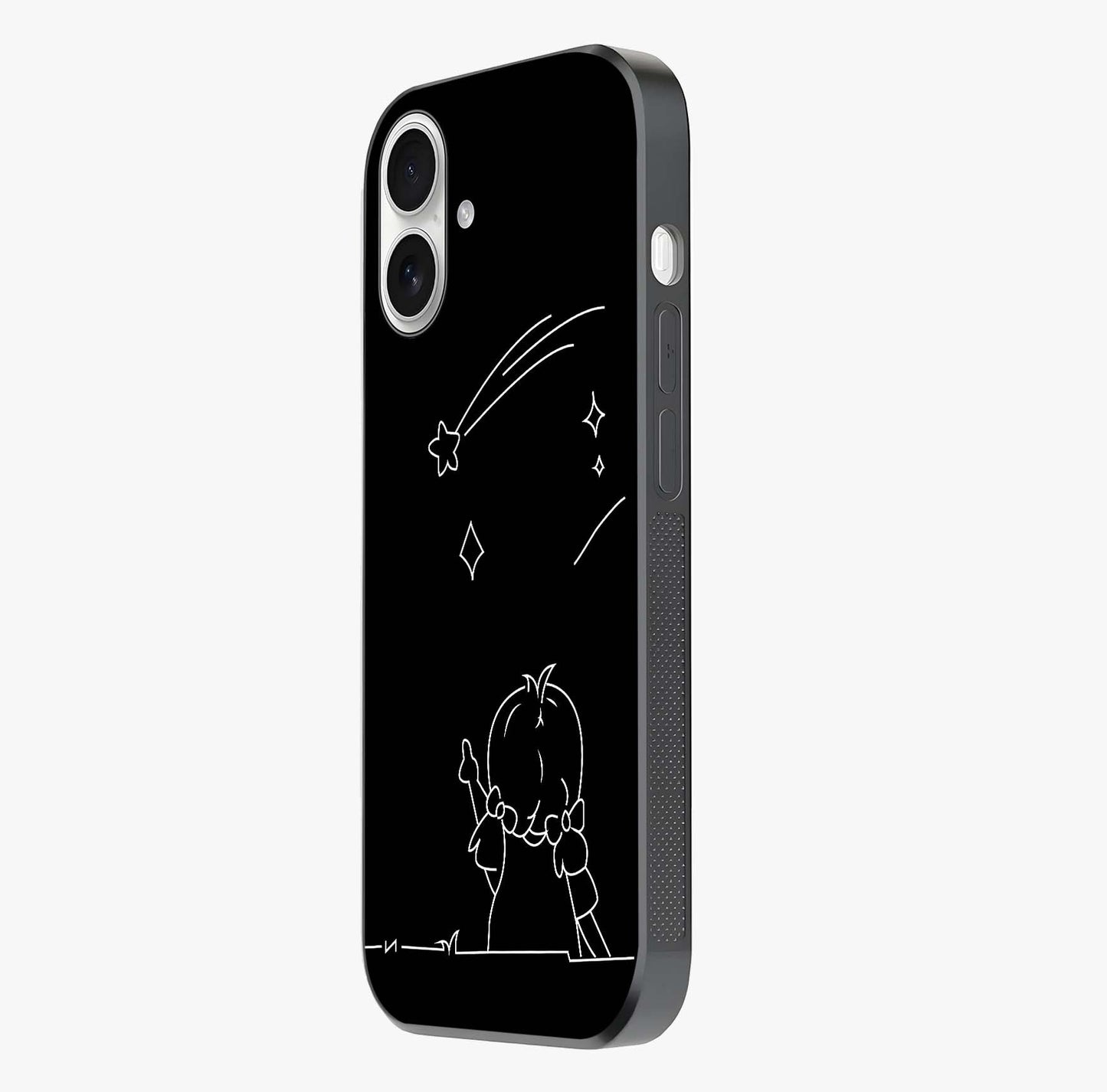 Line Art Girl With Shooting Stars Glass Case photographed in natural light showing reflective finish and design depth.