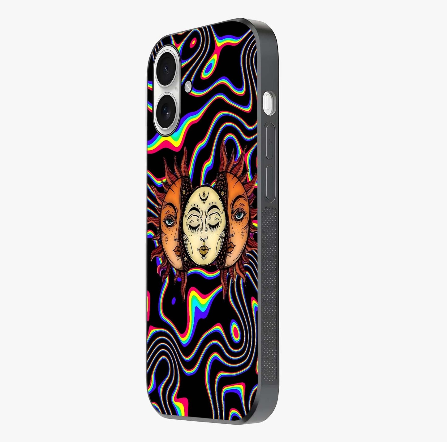 Psychedelic Sun Glass Case photographed in natural light showing reflective finish and design depth.