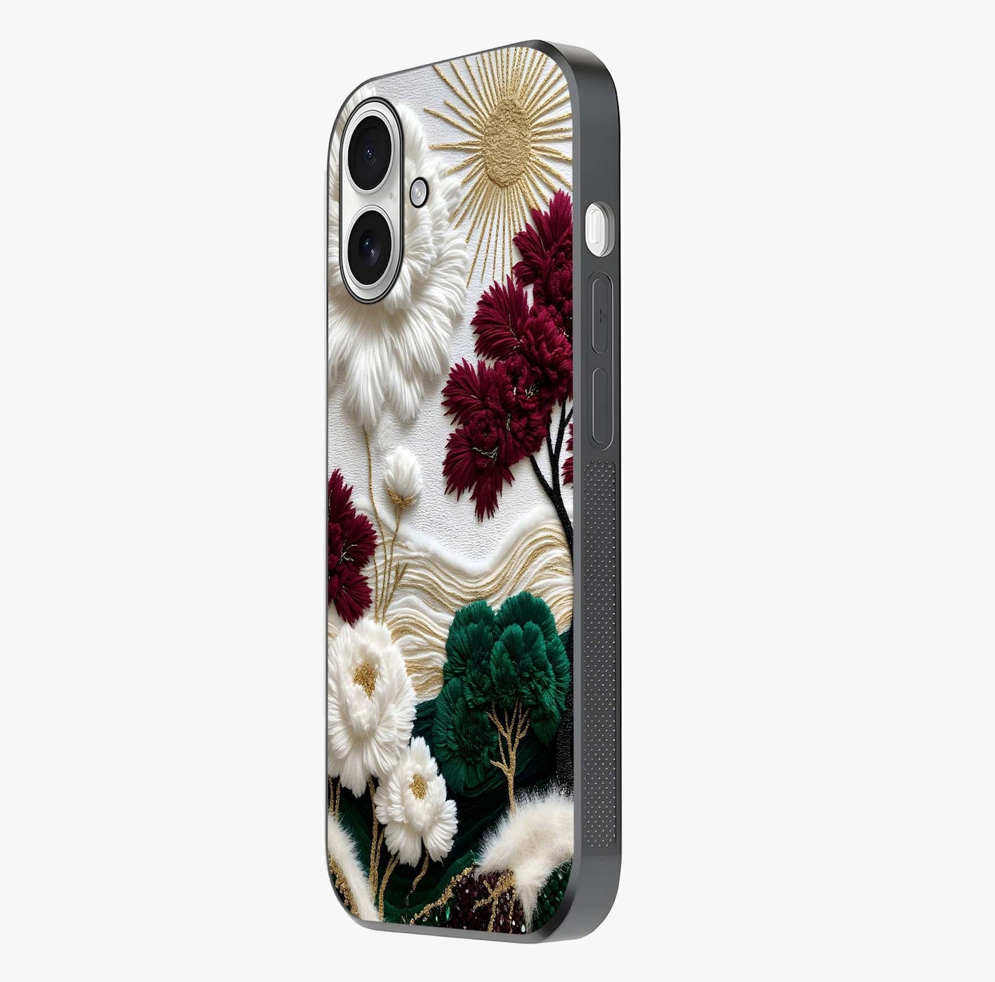 Radiant Bloom Elegance Glass Case photographed in natural light showing reflective finish and design depth.