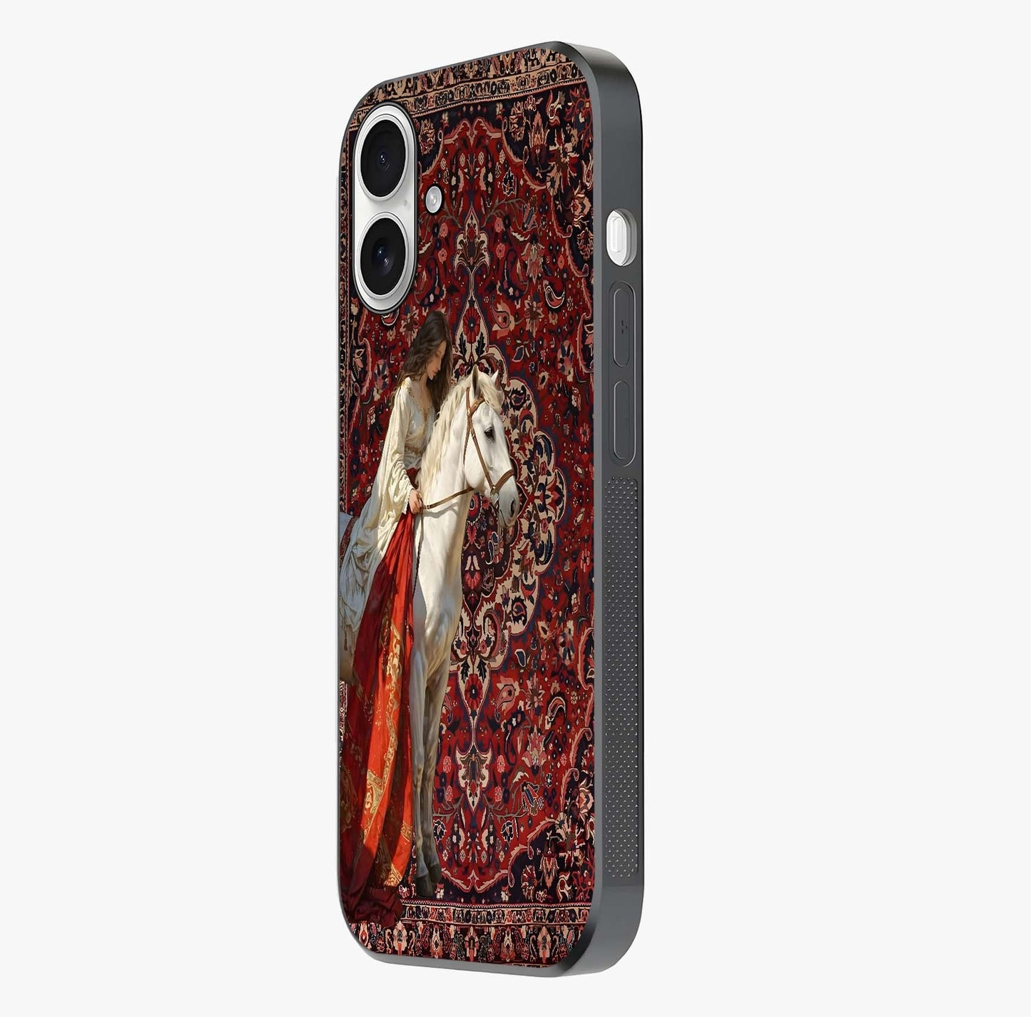 Royal Rider Tapestry Glass Case photographed in natural light showing reflective finish and design depth.