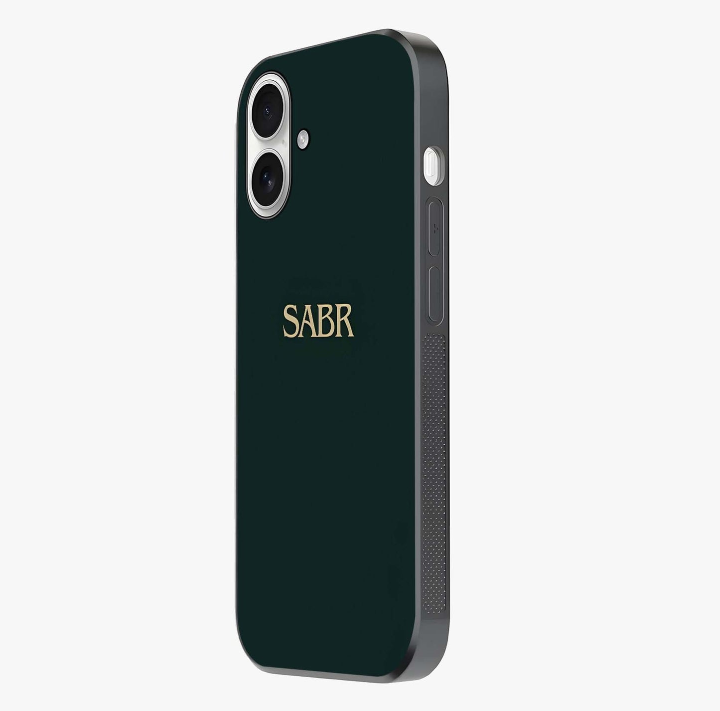 Sabr Minimal Patience Glass Case photographed in natural light showing reflective finish and design depth.