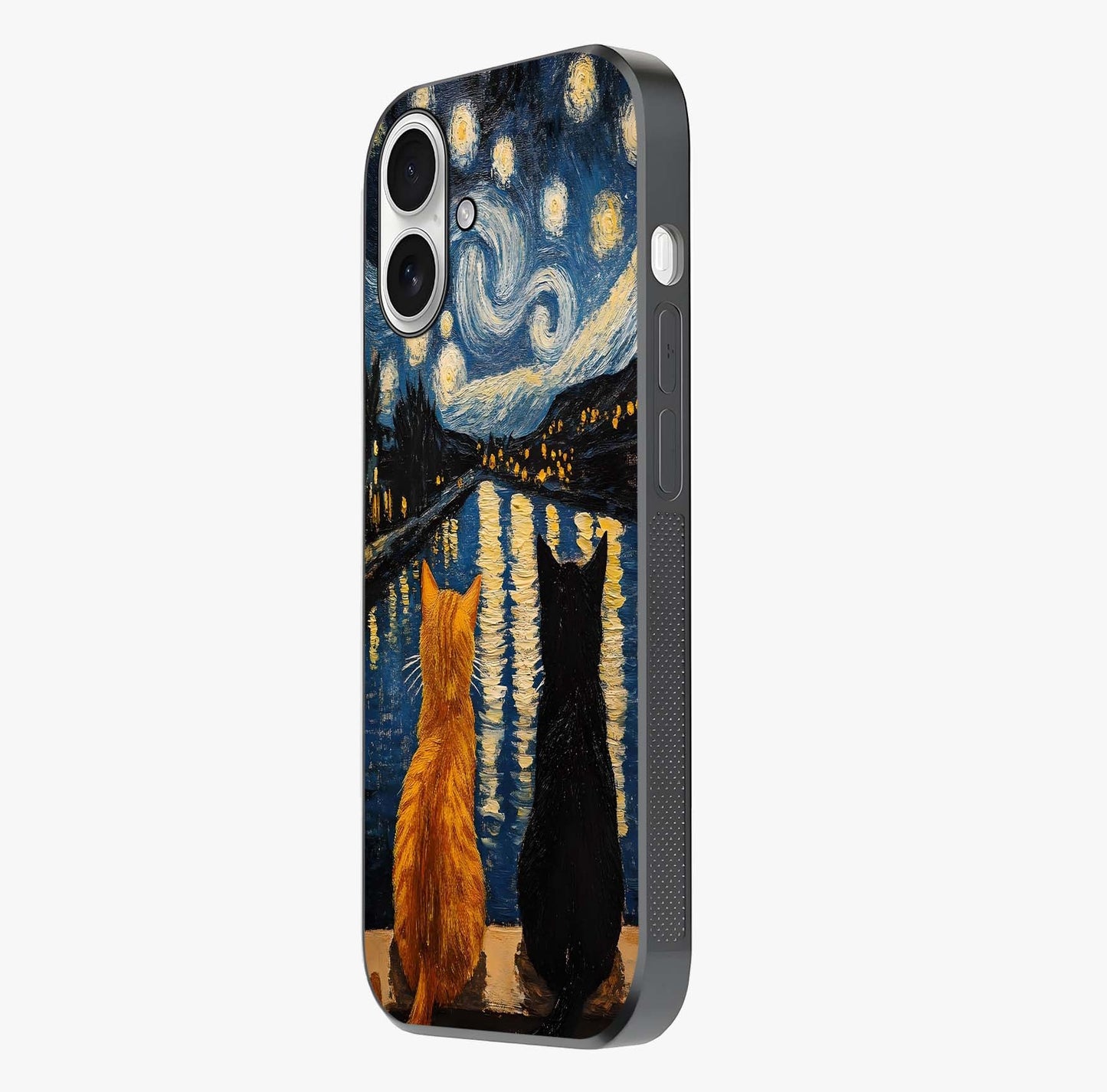 Starry River Cats Glass Case photographed in natural light showing reflective finish and design depth.