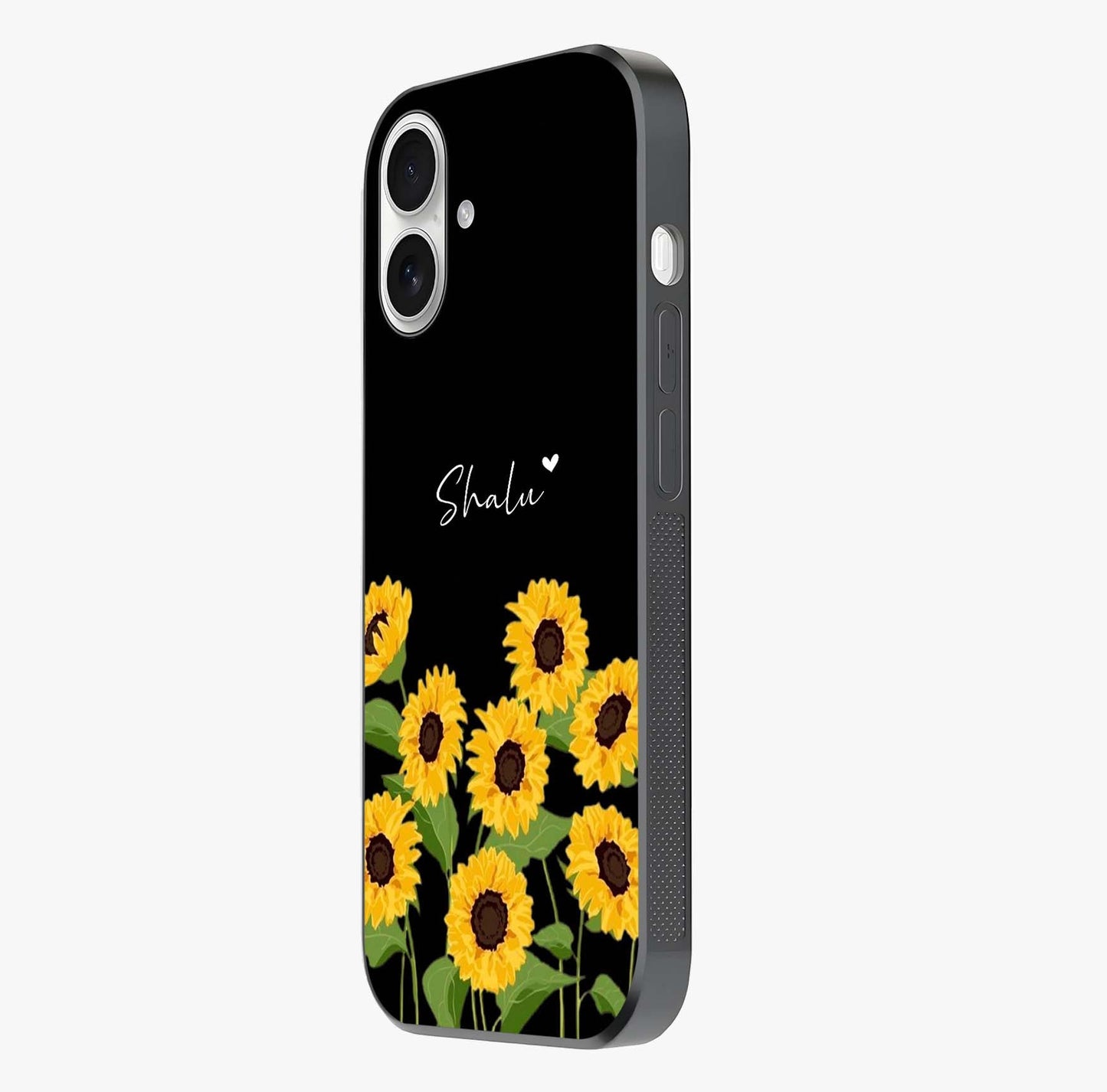Sunflower Chic Mood Custom Name Glass Case photographed in natural light showing reflective finish and design depth.