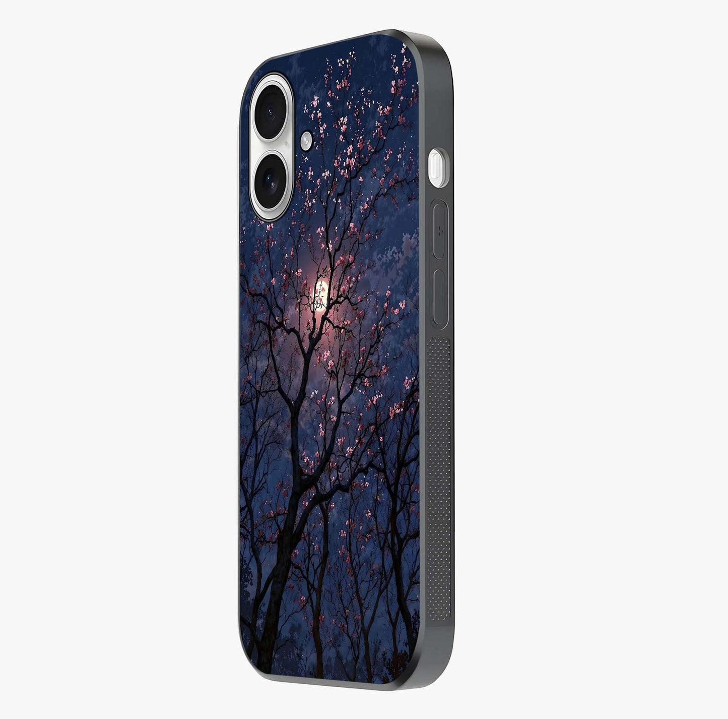 Twilight Sakura Serenade Glass Case photographed in natural light showing reflective finish and design depth.