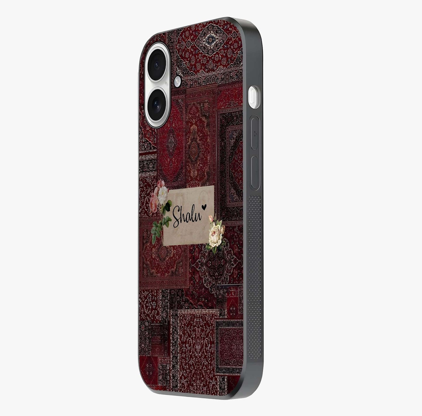 Velvet Wine Pattern Custom Name Glass Case photographed in natural light showing reflective finish and design depth.