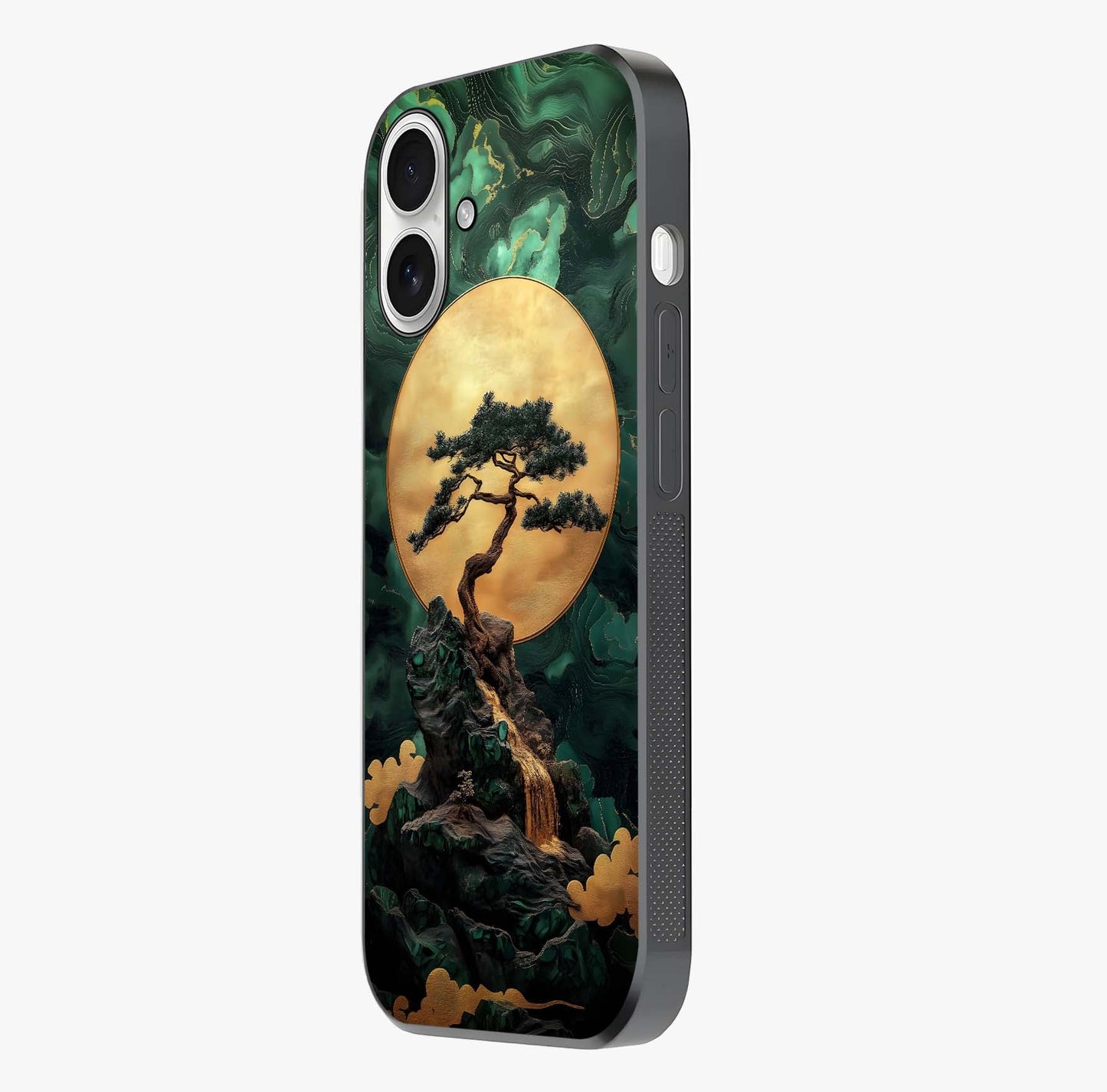 Zen Moon Rise Glass Case photographed in natural light showing reflective finish and design depth