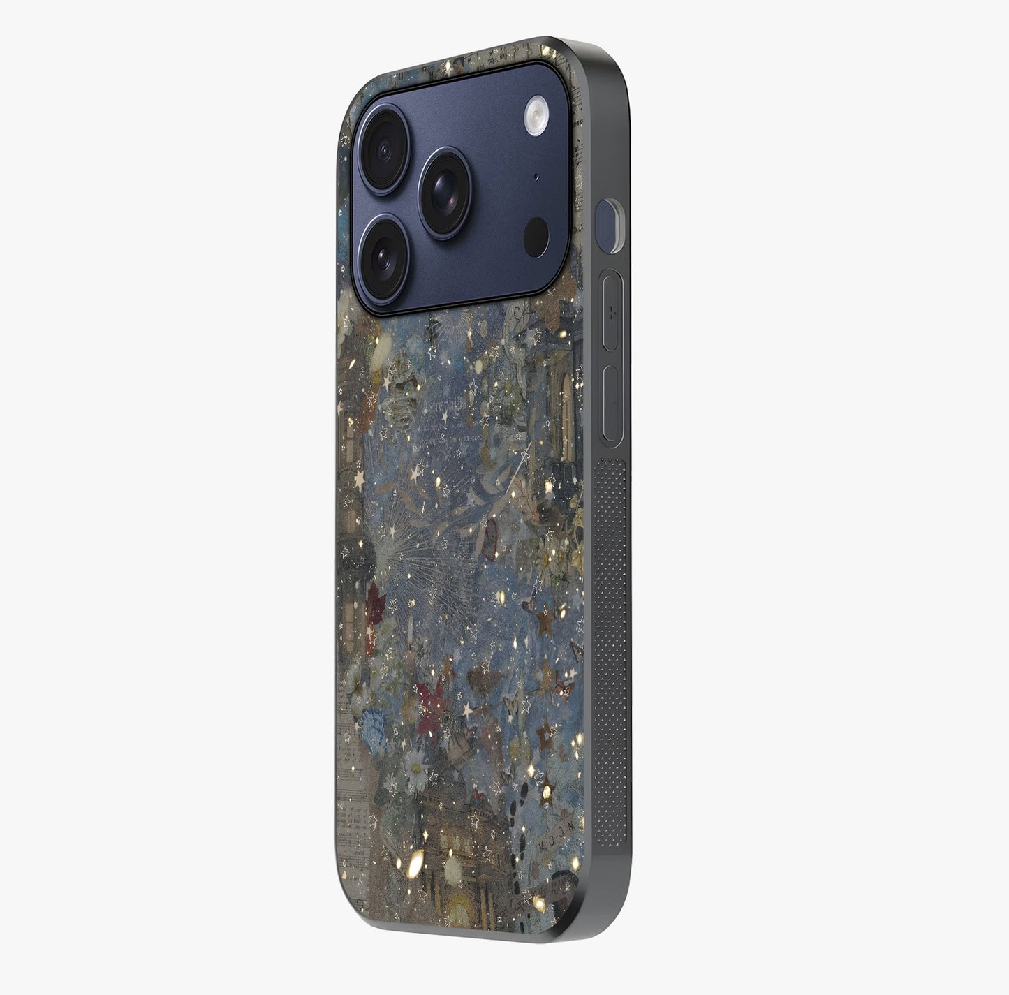 Aesthetic Astrolophia Glass Case photographed in natural light showing reflective finish and design depth.