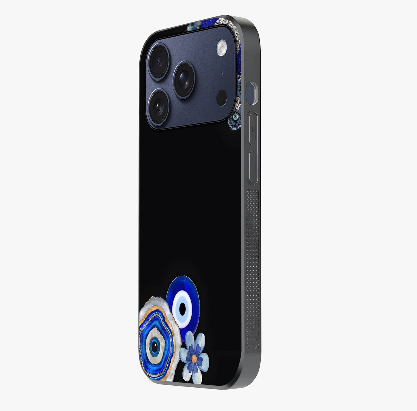 Aesthetic Blue Evil Eye Glass Case photographed in natural light showing reflective finish and design depth.
