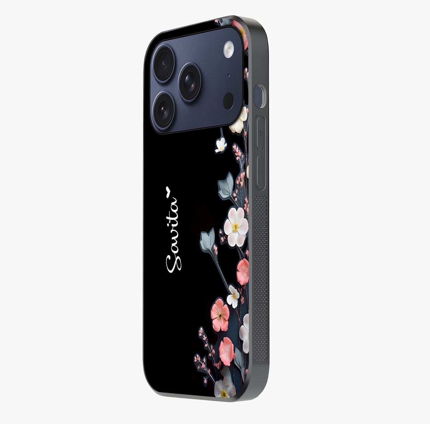 Black Elegance Floral Custom Name Glass Case photographed in natural light showing reflective finish and design depth.