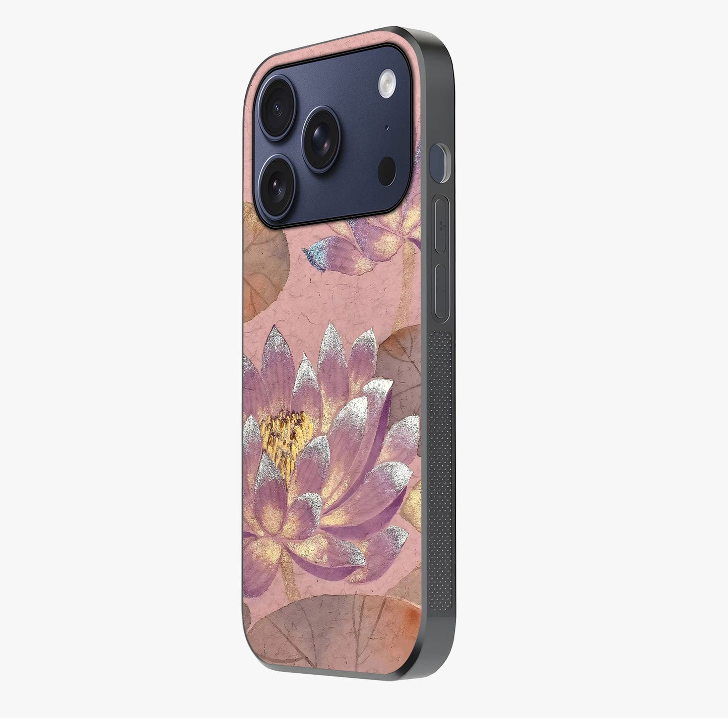 Blossom Mist Lotus Glass Case photographed in natural light showing reflective finish and design depth.