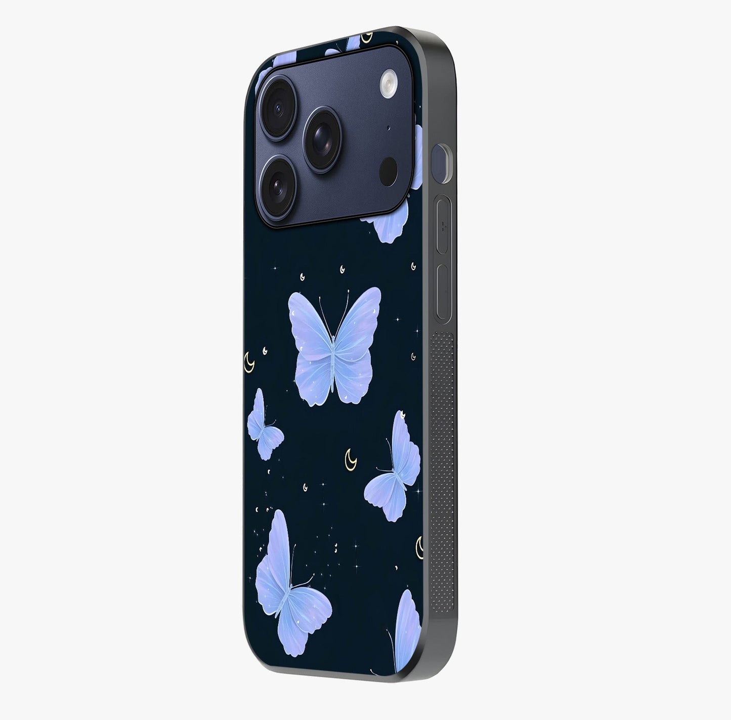 Butterfly With Stars Pattern Glass Case photographed in natural light showing reflective finish and design depth.