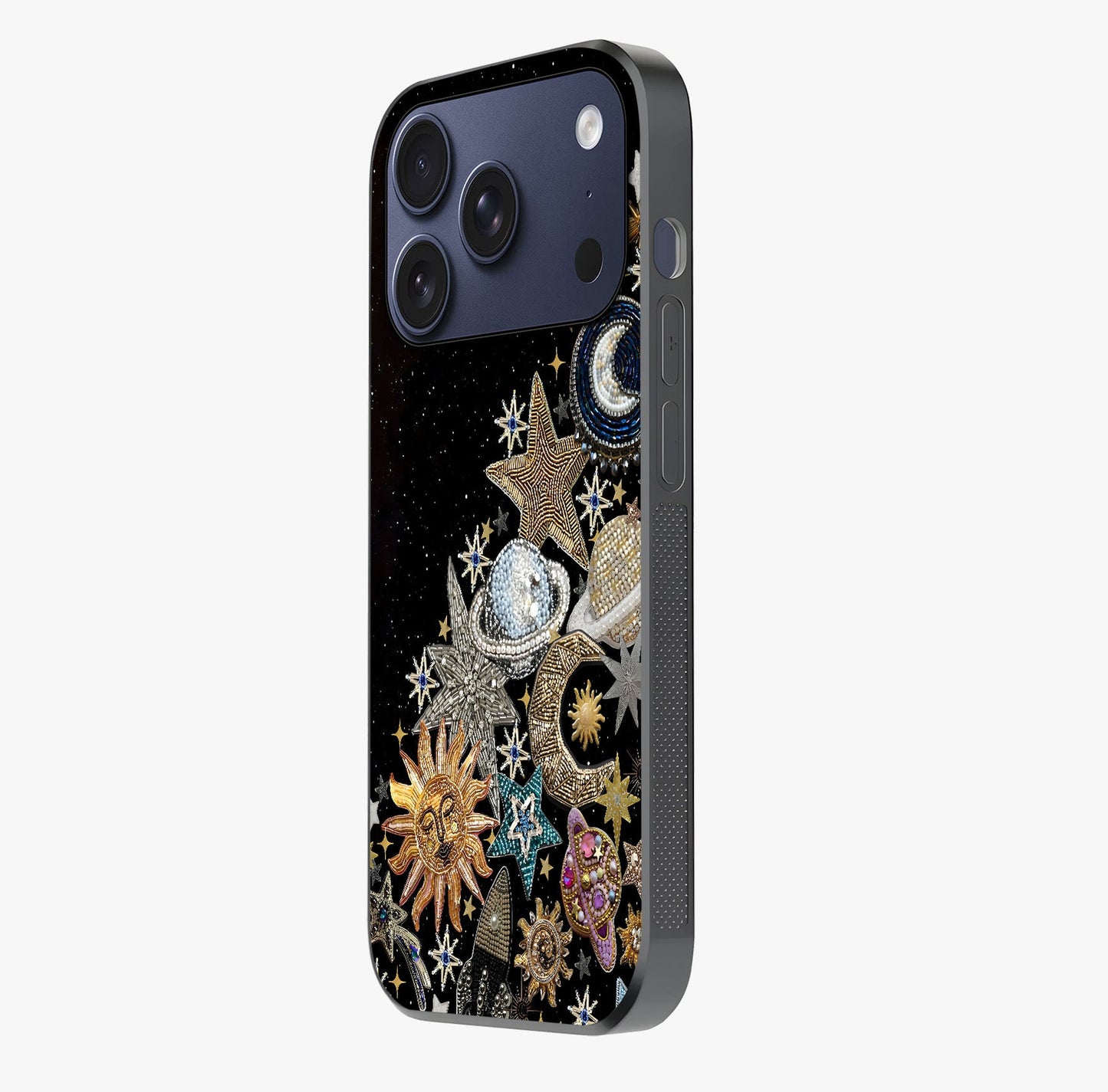 Cosmic Sparkle Dreams Glass Case photographed in natural light showing reflective finish and design depth.