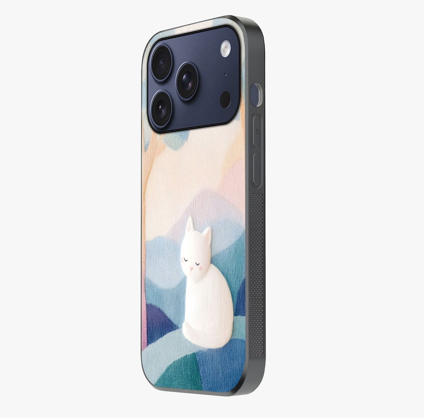 Cotton Dream Cat Glass Case photographed in natural light showing reflective finish and design depth.