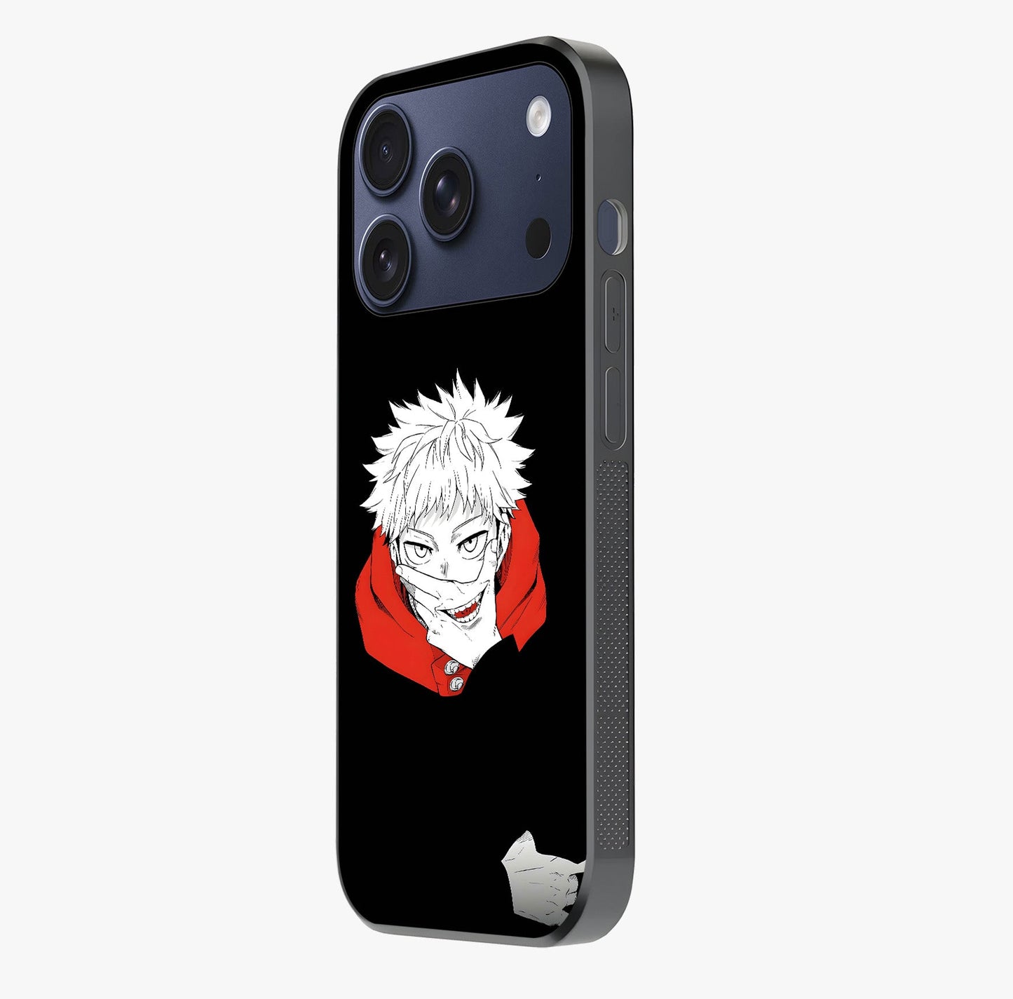Crimson Chaos Smile Glass Case photographed in natural light showing reflective finish and design depth.