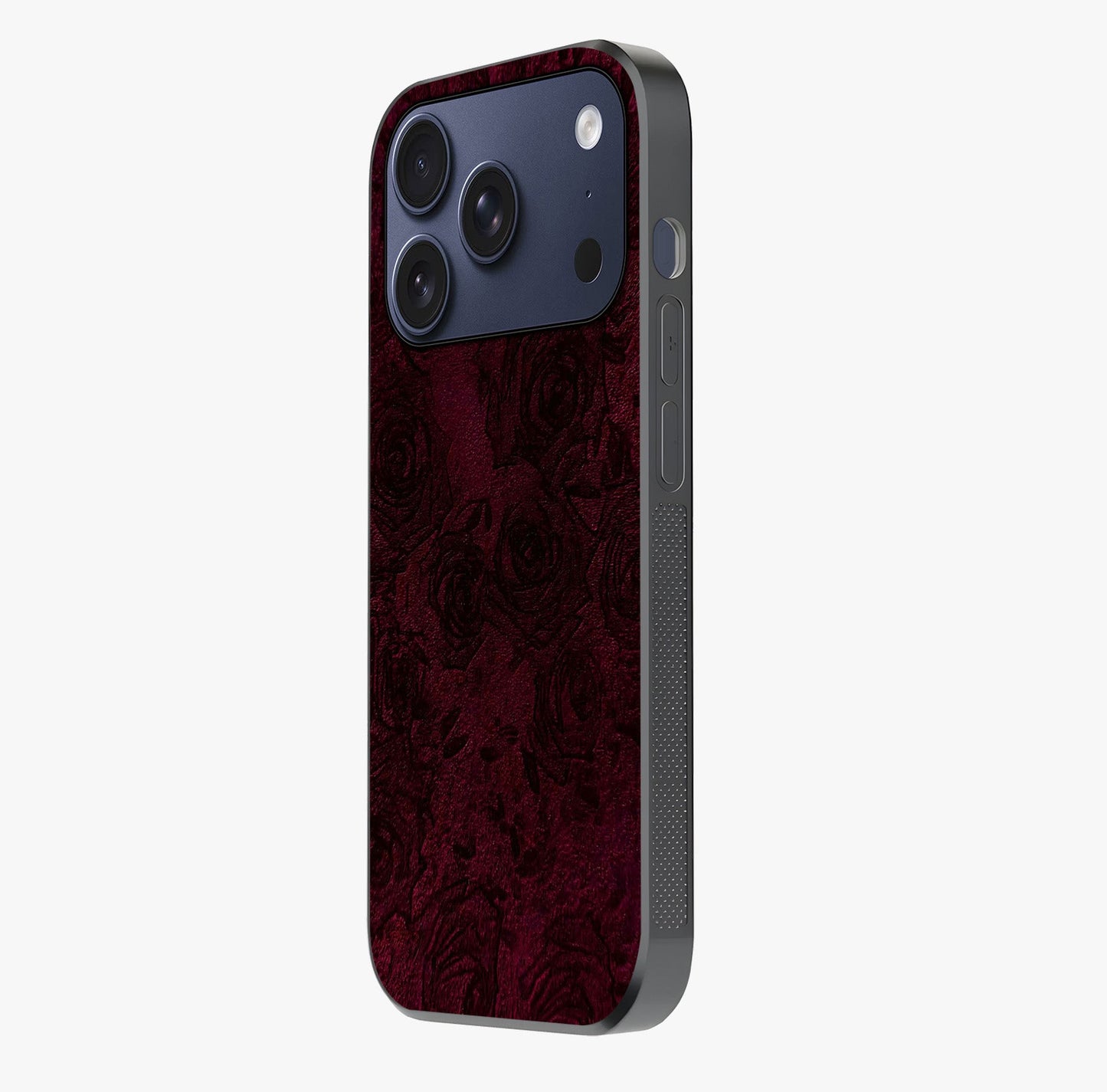 Crimson Fade Flow Glass Case photographed in natural light showing reflective finish and design depth.