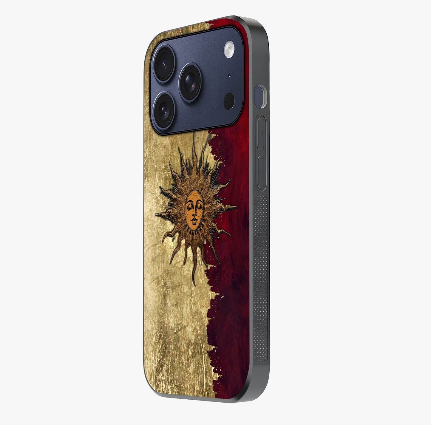 Crimson Sun Majesty Glass Case photographed in natural light showing reflective finish and design depth.
