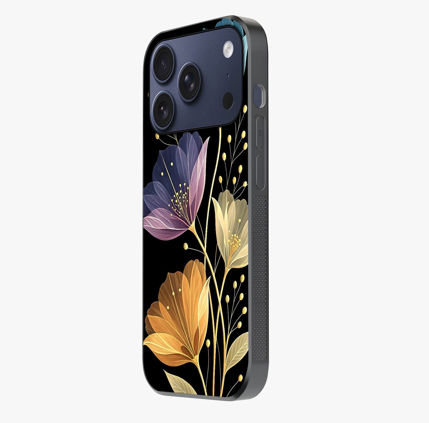 Delicate Multicolor Flowers Glass Case photographed in natural light showing reflective finish and design depth.