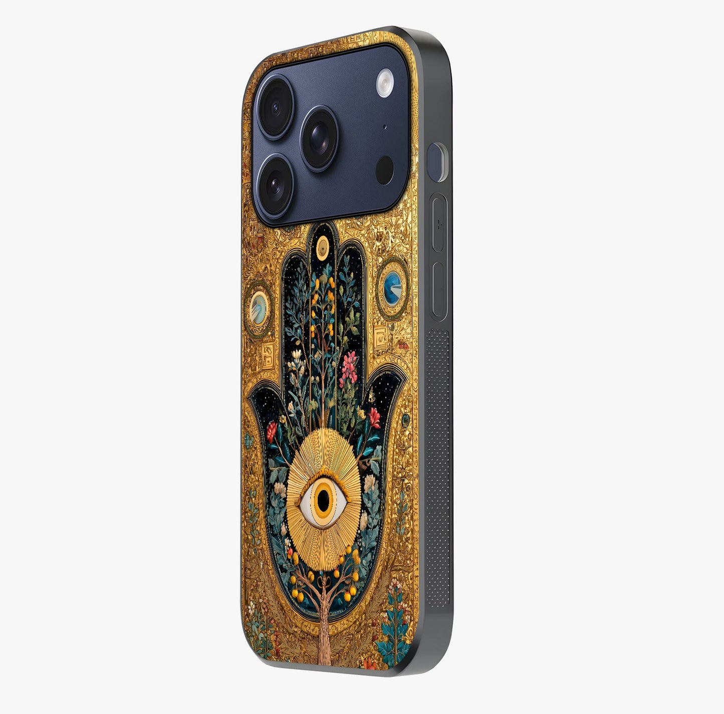 Ethereal Evil Eye Glass Case photographed in natural light showing reflective finish and design depth.