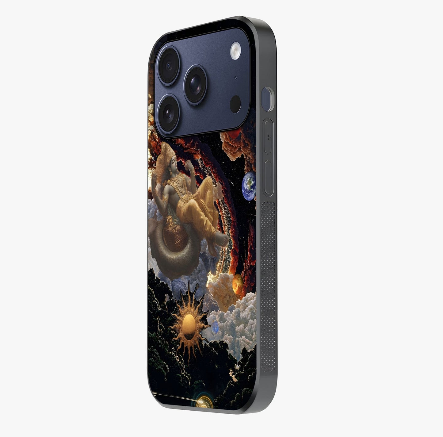 Galactic Divine God Glass Case photographed in natural light showing reflective finish and design depth.