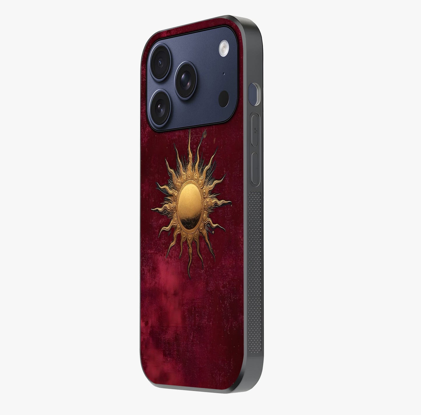 Golden Sun Minimalism Glass Case photographed in natural light showing reflective finish and design depth.