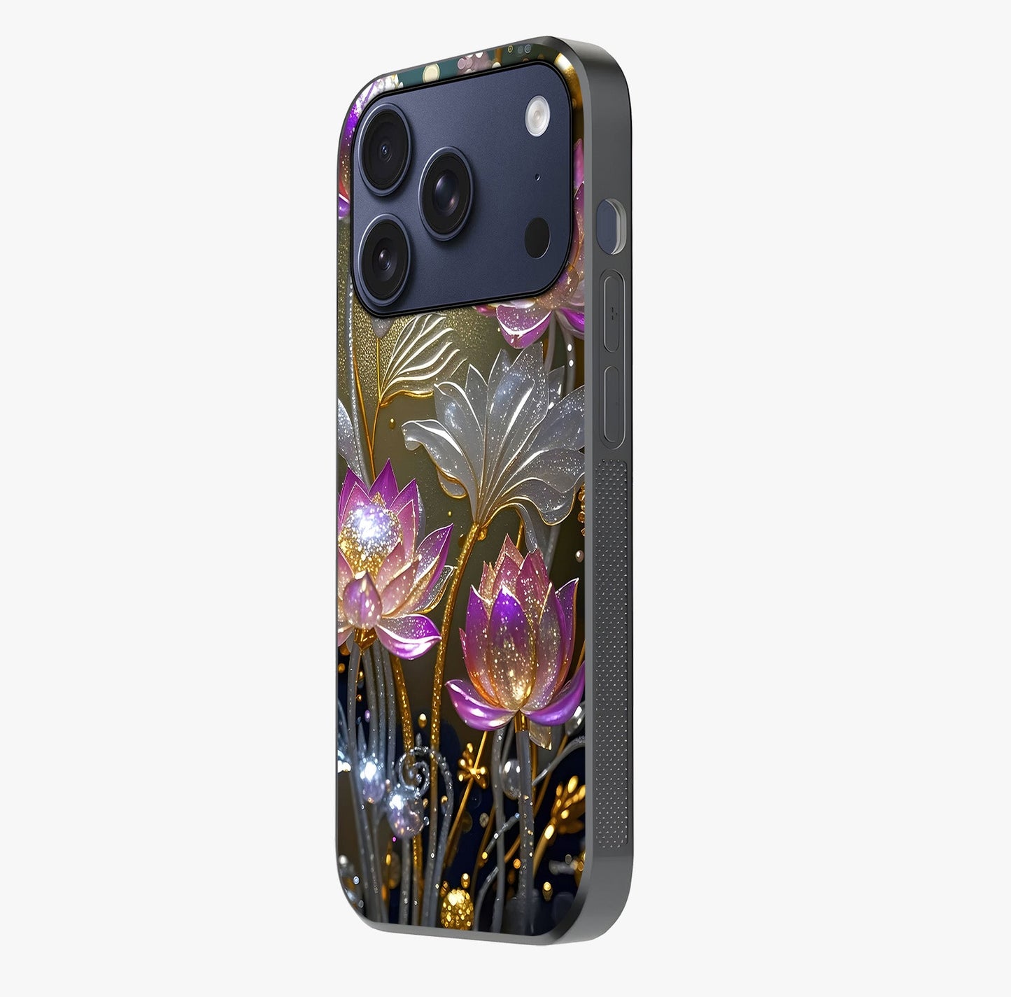 Golden Floral Majesty Glass Case photographed in natural light showing reflective finish and design depth.