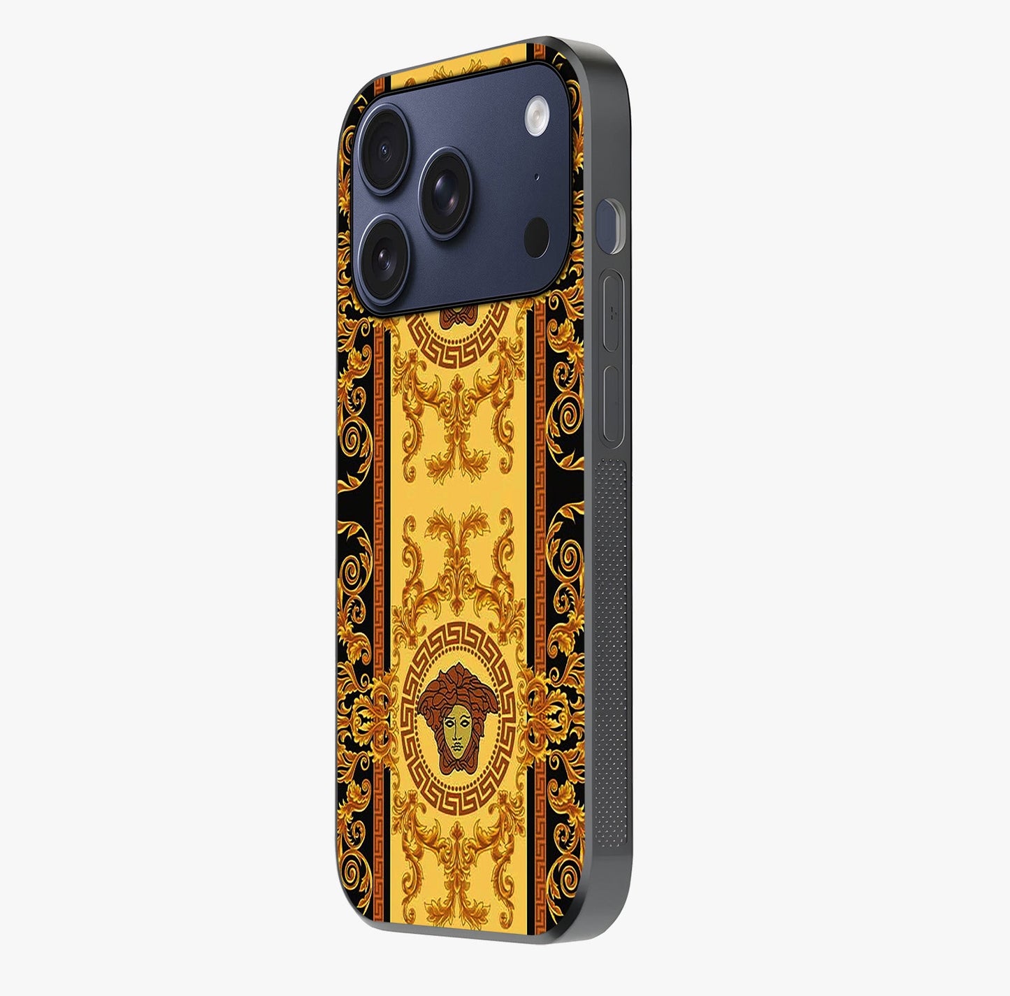 Golden Lotus Glow Glass Case photographed in natural light showing reflective finish and design depth.