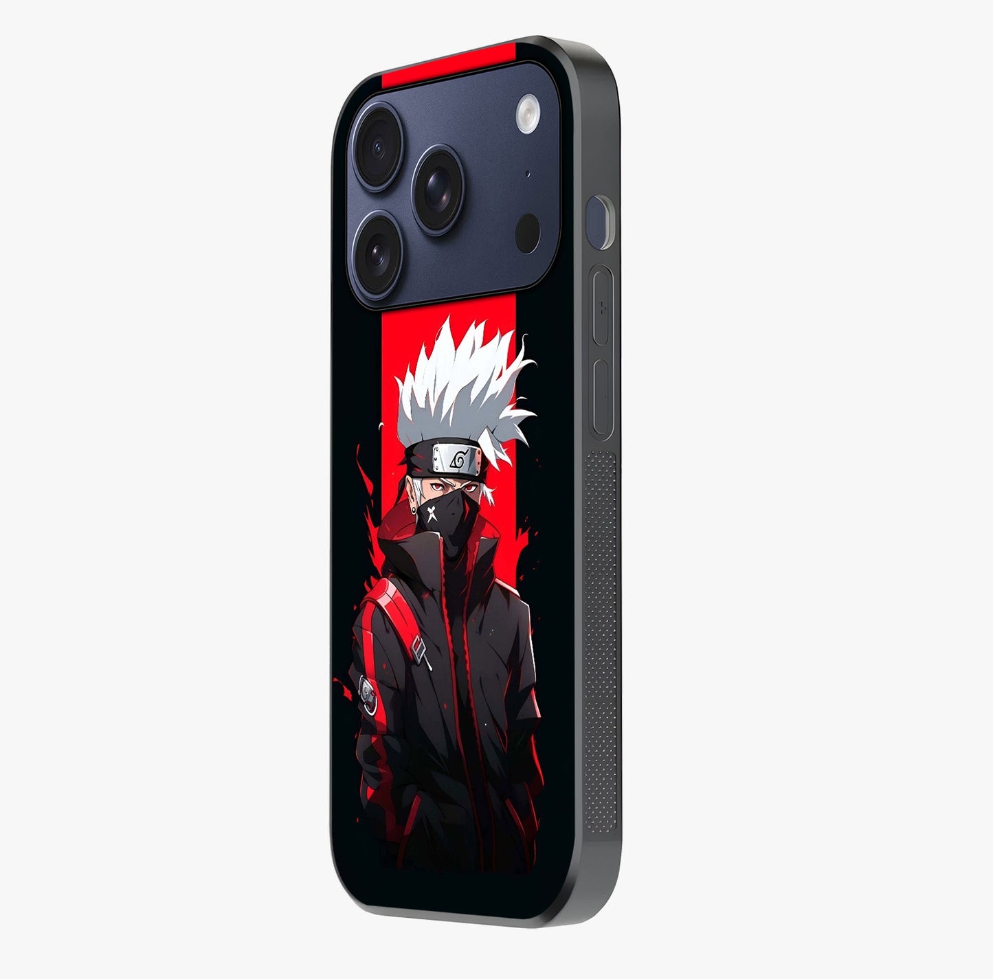 Kakashi Scarlet Shadow Glass Case photographed in natural light showing reflective finish and design depth.