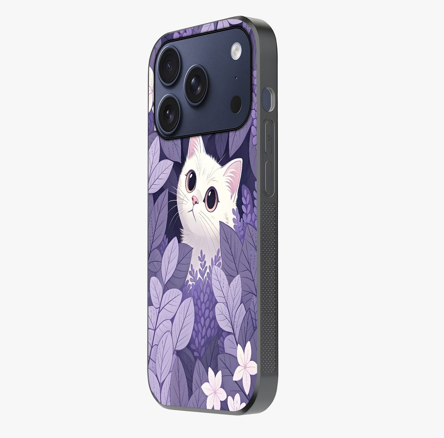 Lilac Hide Peek Cat Glass Case photographed in natural light showing reflective finish and design depth.