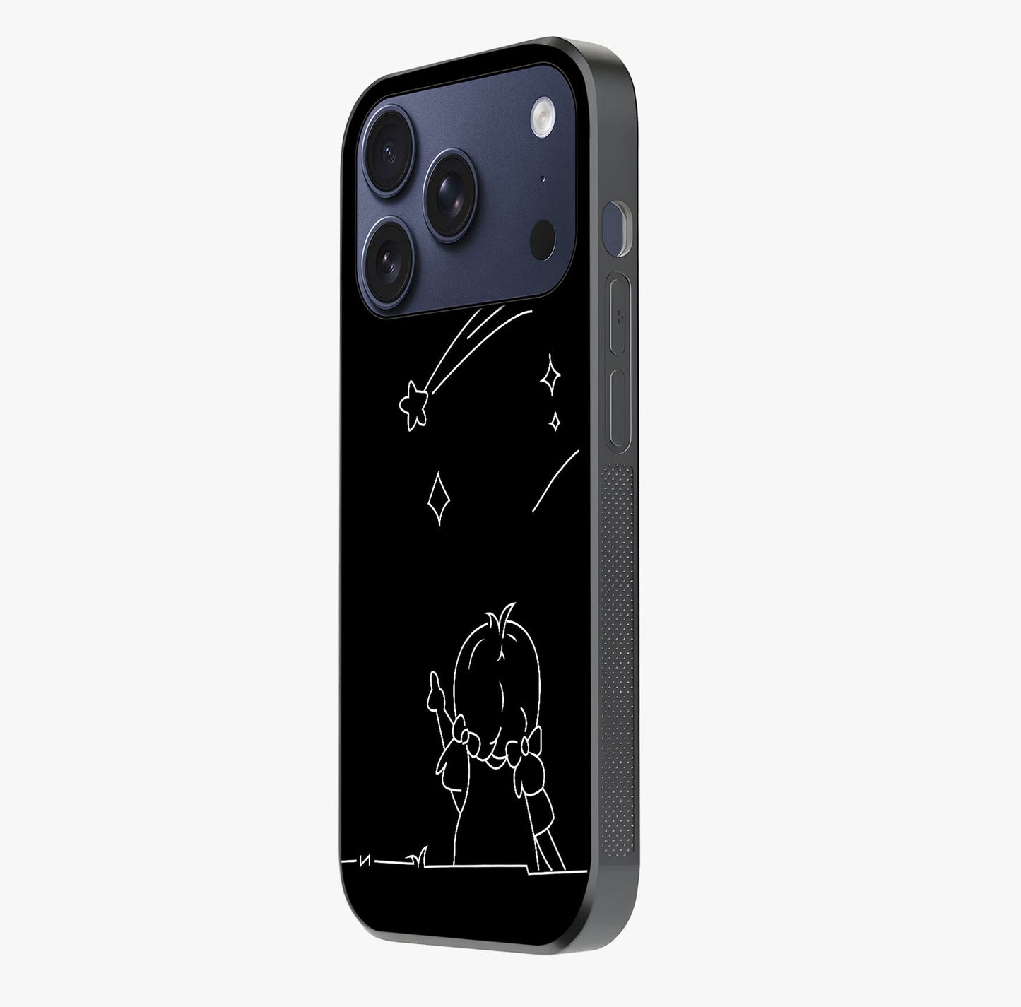 Line Art Girl With Shooting Stars Glass Case photographed in natural light showing reflective finish and design depth.