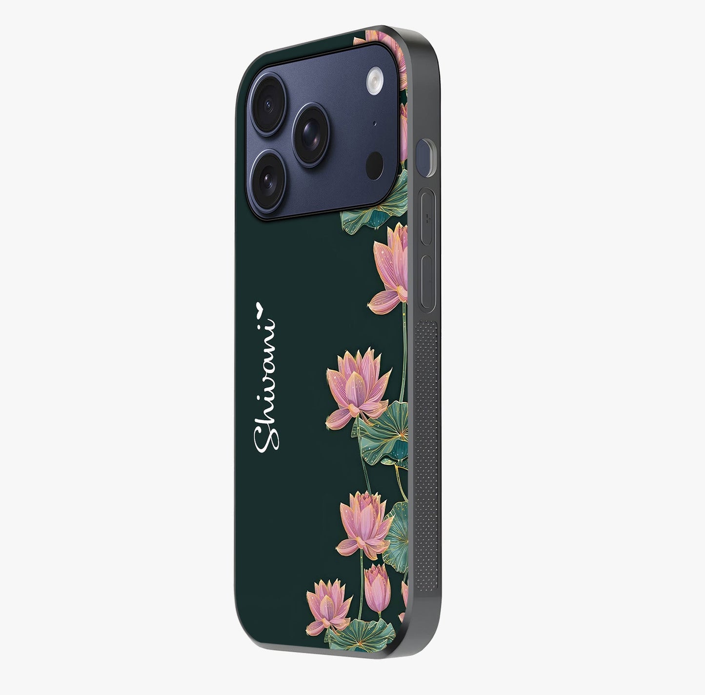 Lotus Bloom Serenity Custom Name Glass Case photographed in natural light showing reflective finish and design depth.