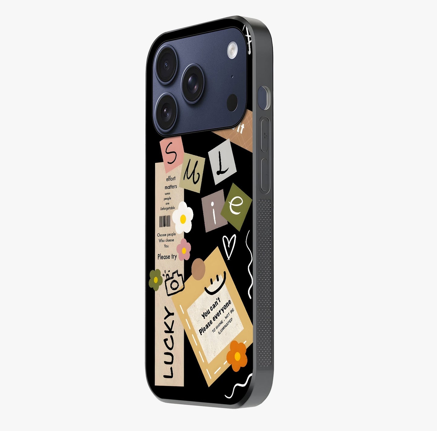 Lucky Aesthetic Collage Glass Case photographed in natural light showing reflective finish and design depth.