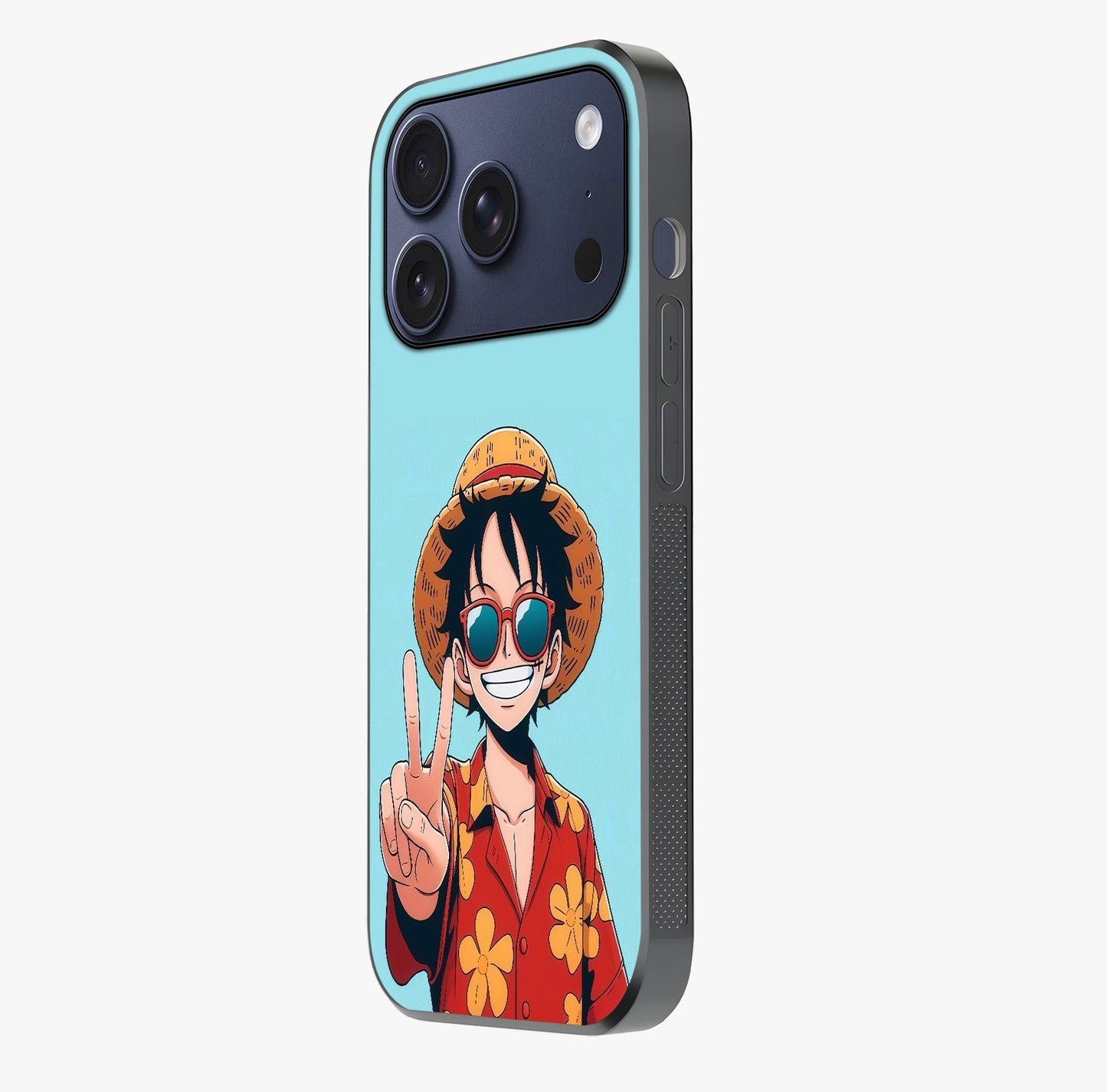 Luffy Summer Anime Vibe Glass Case photographed in natural light showing reflective finish and design depth.