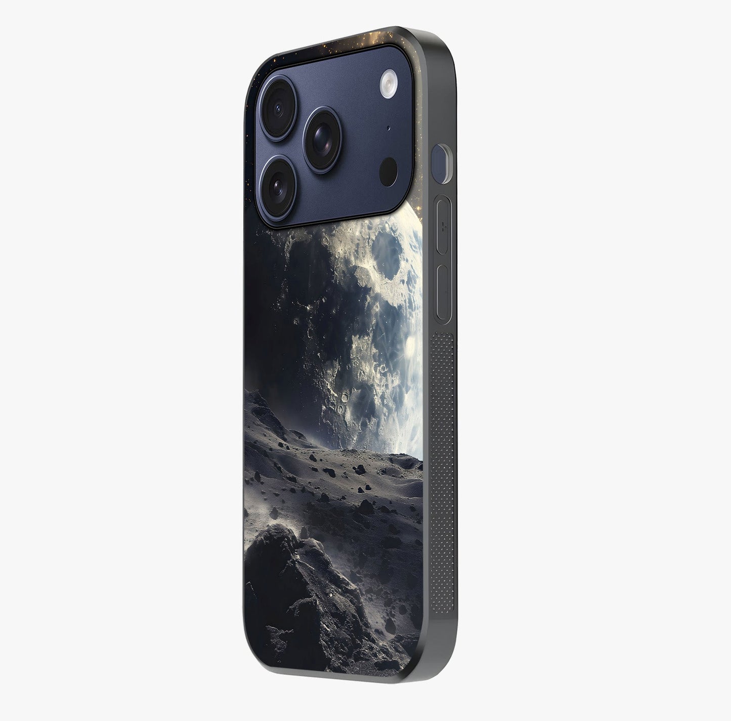 Lunar Horizon Glow Glass Case photographed in natural light showing reflective finish and design depth.