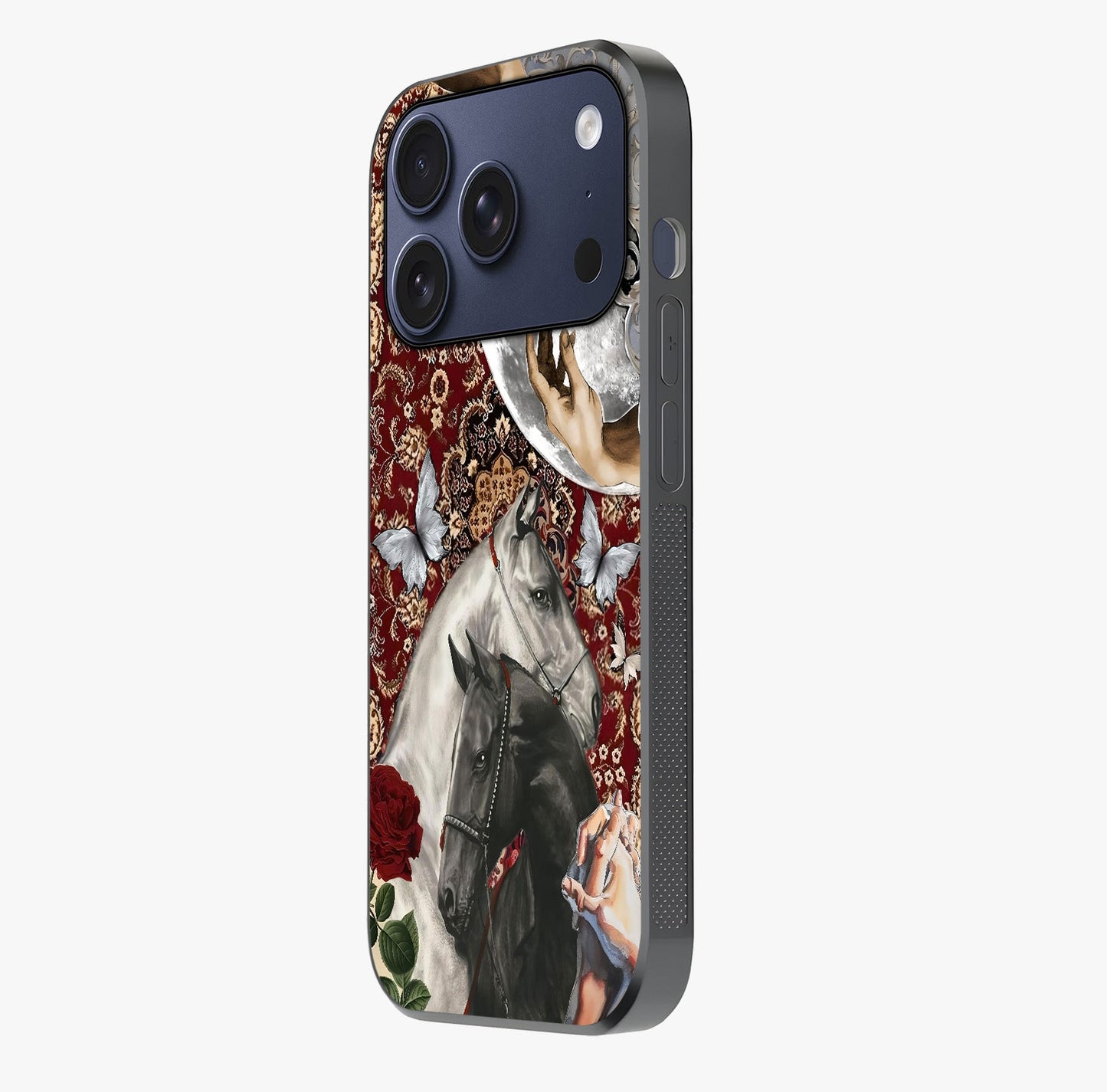 Moonlit Royal Stallion Glass Case photographed in natural light showing reflective finish and design depth.