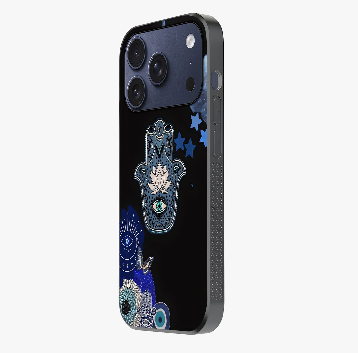 Mystic Hand Aura Glass Case photographed in natural light showing reflective finish and design depth.