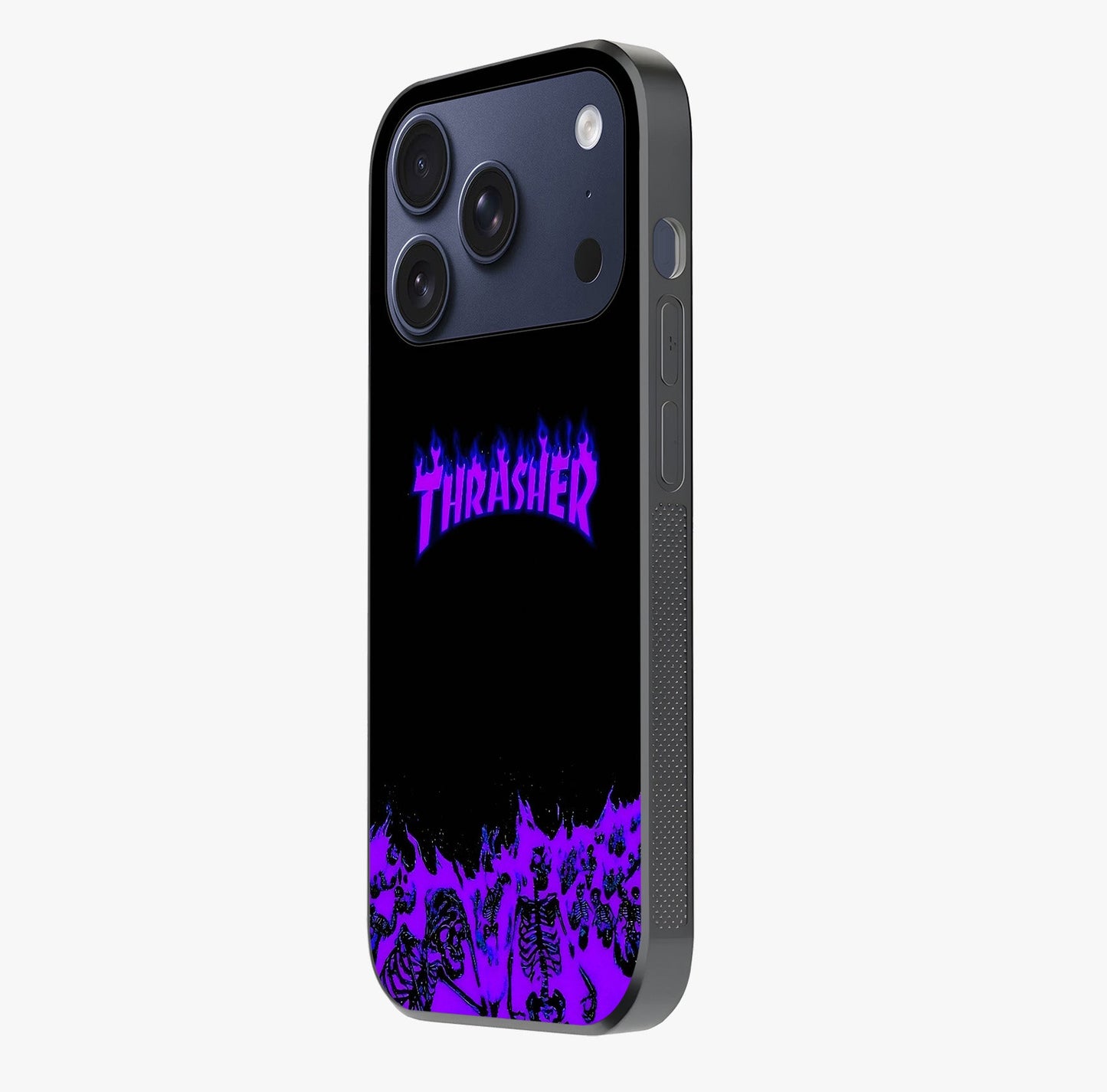 Neon Flame Riot Glass Case photographed in natural light showing reflective finish and design depth.