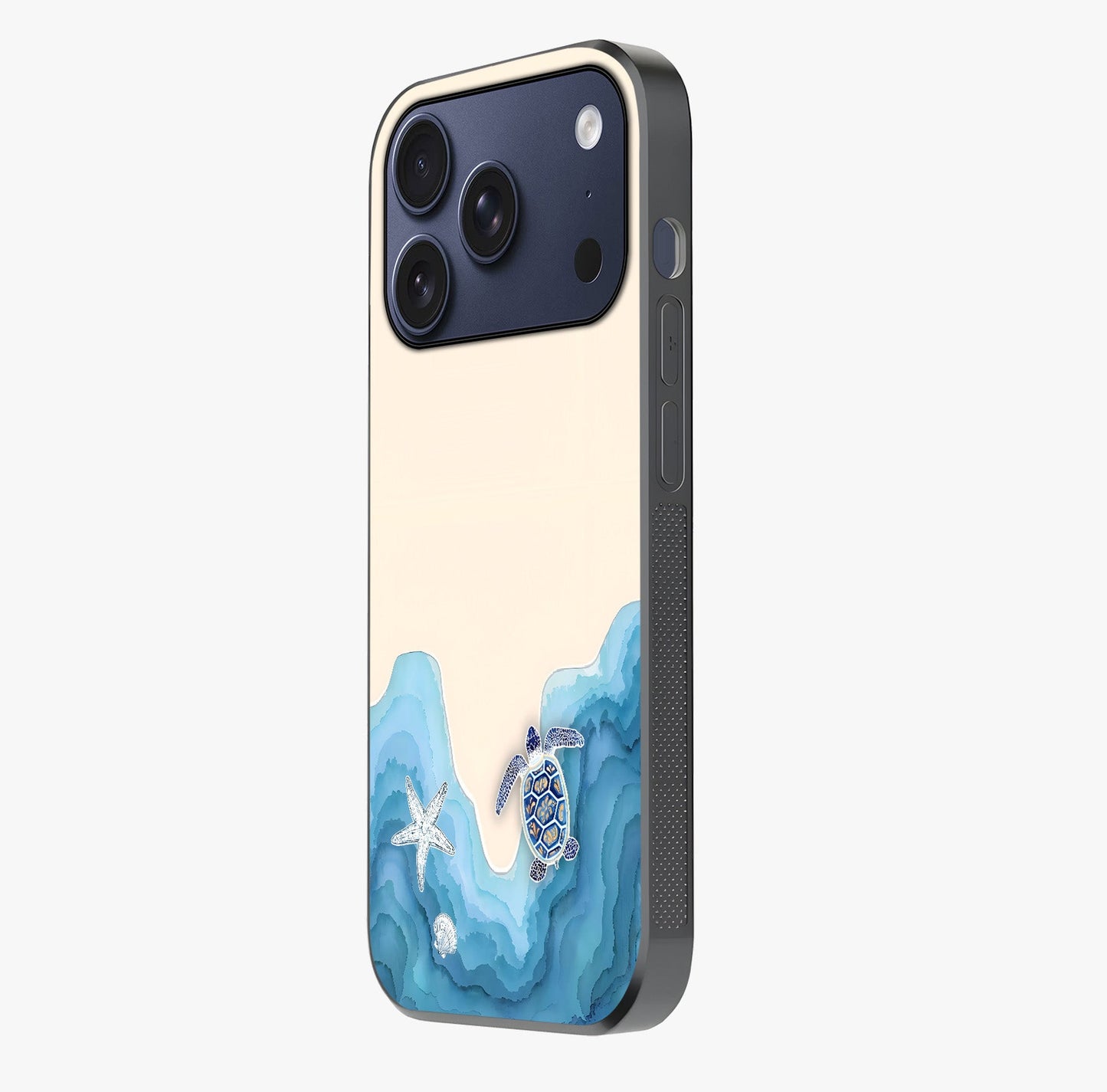 Ocean Drift Turtle Glass Case photographed in natural light showing reflective finish and design depth.