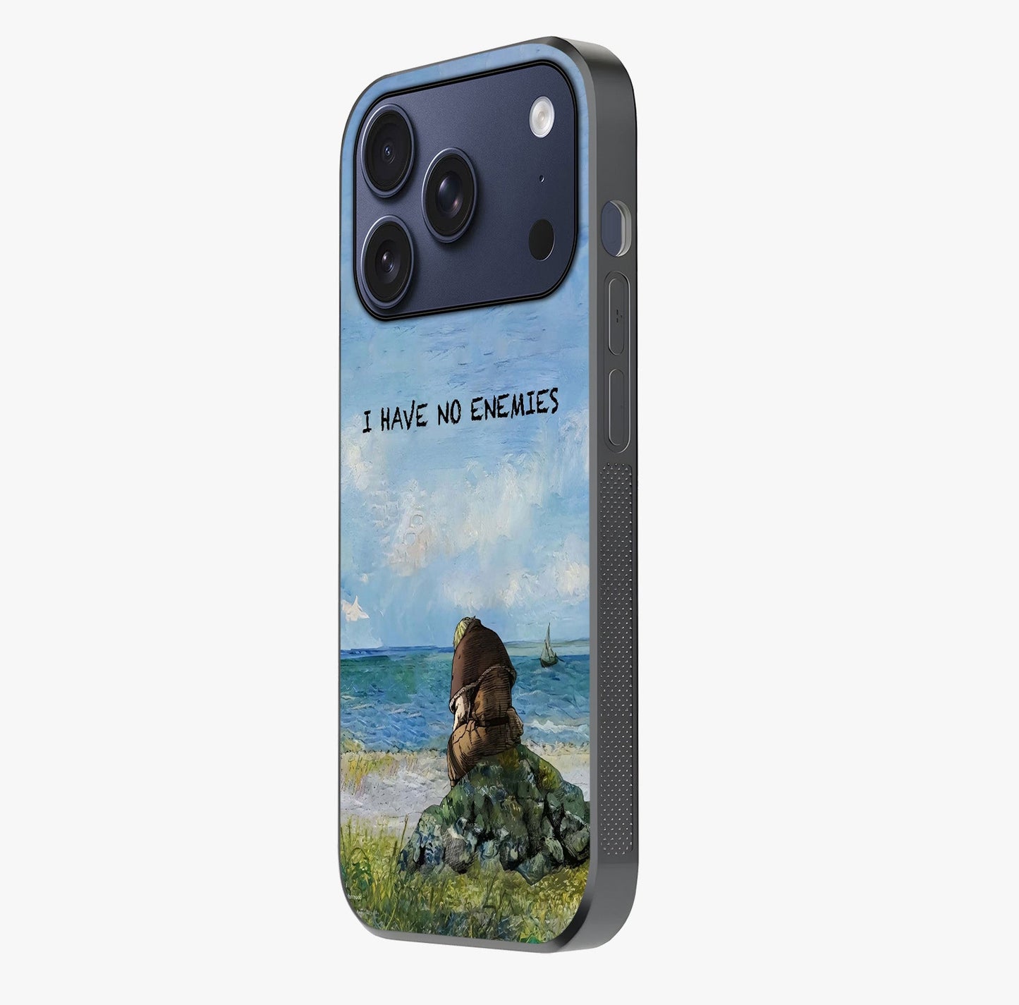 Peace Beyond War Glass Case photographed in natural light showing reflective finish and design depth.