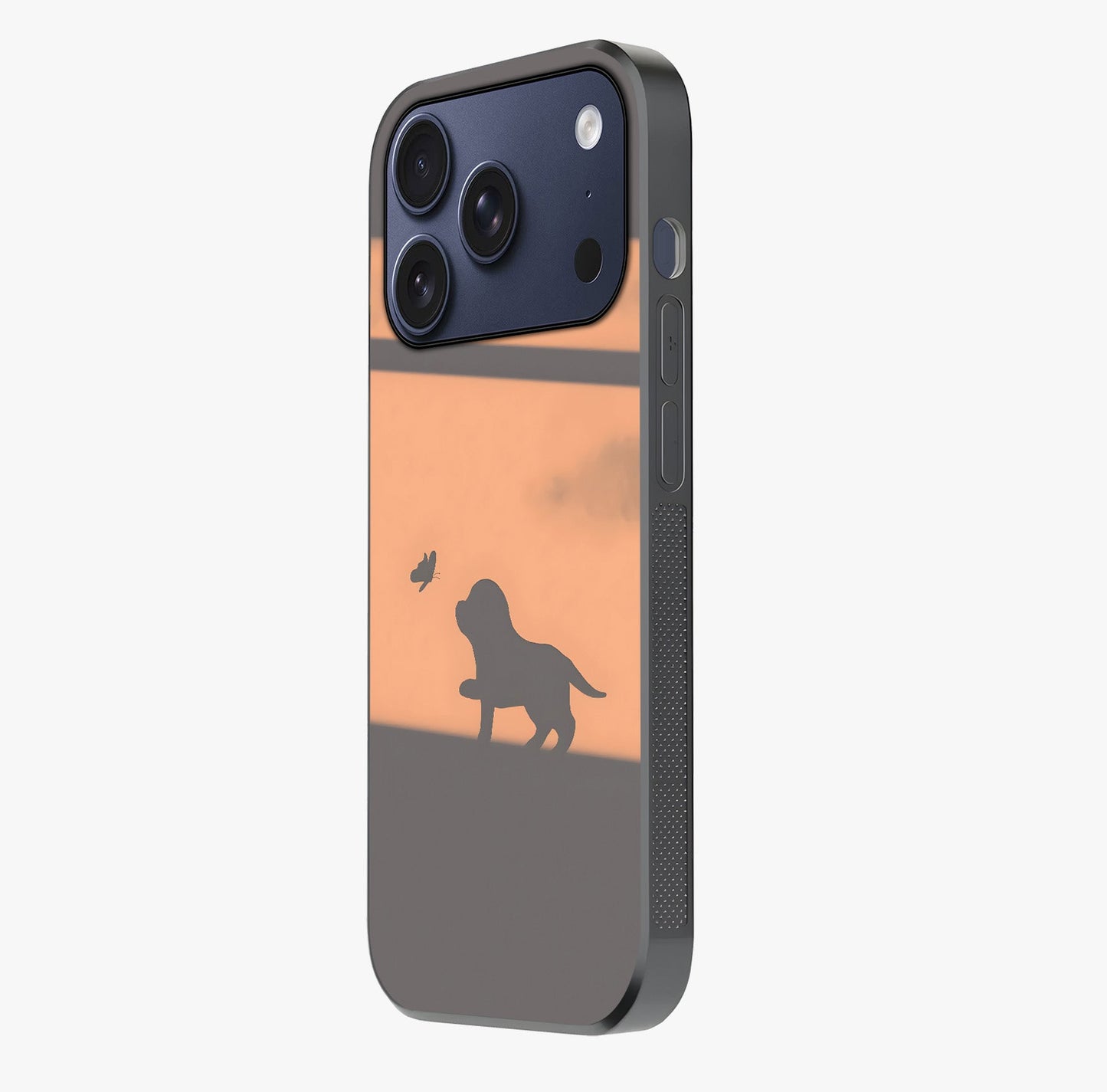 Puppy Shadow Art Glass Case photographed in natural light showing reflective finish and design depth.