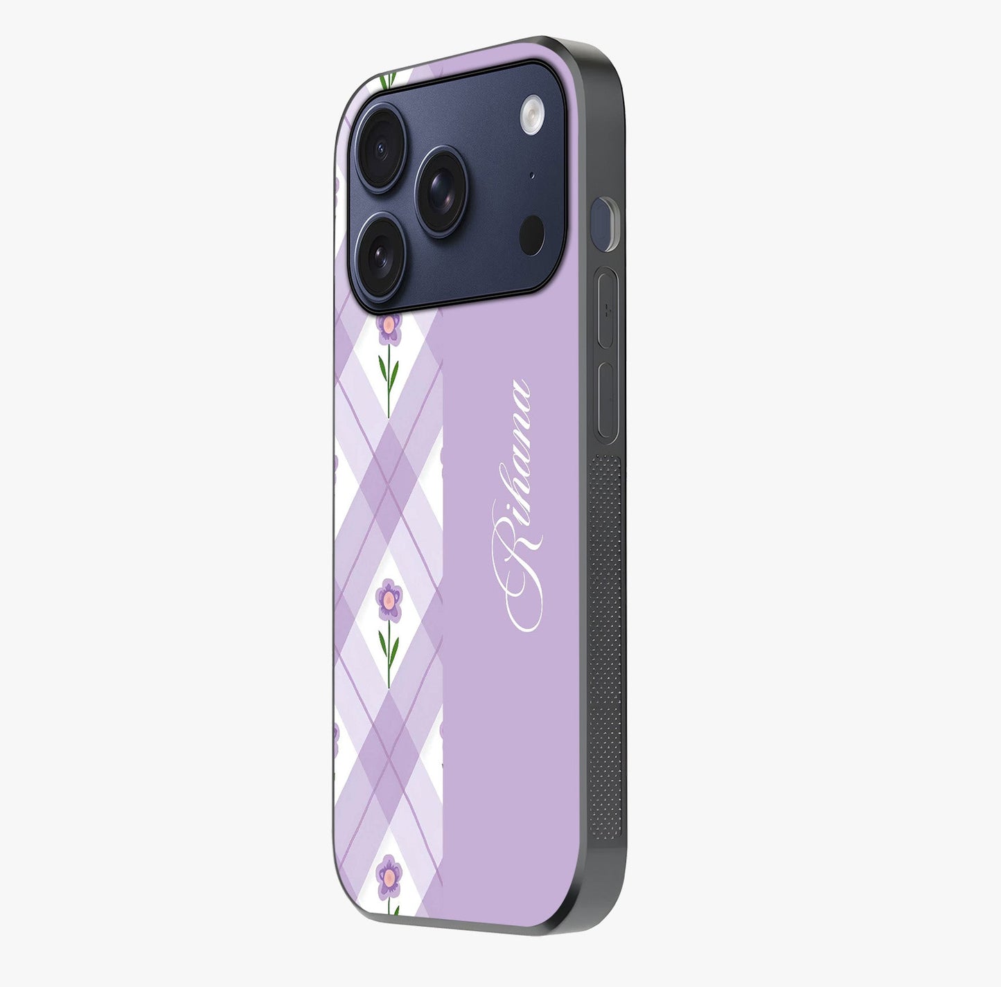 Purple Diamond Floral Glass Case photographed in natural light showing reflective finish and design depth.