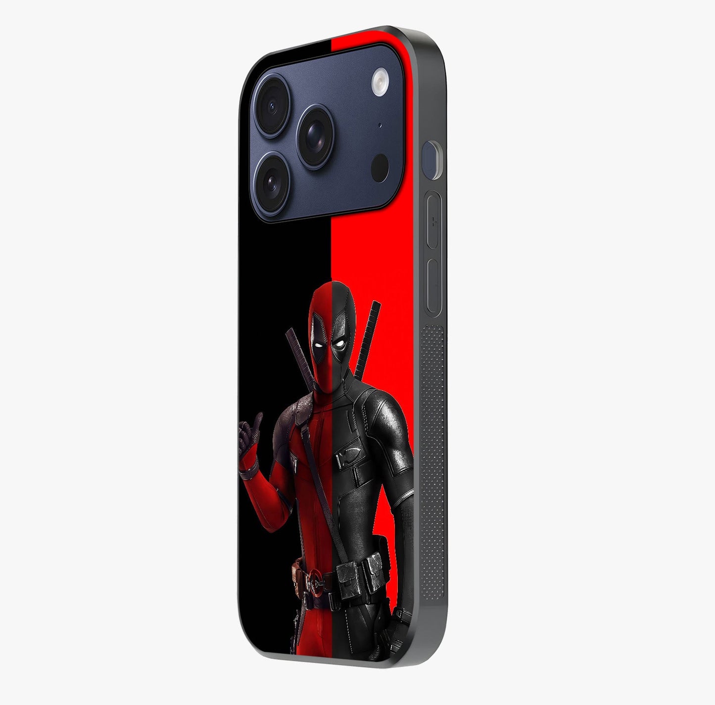 Red & Black Deadpool Theme Glass Case photographed in natural light showing reflective finish and design depth.