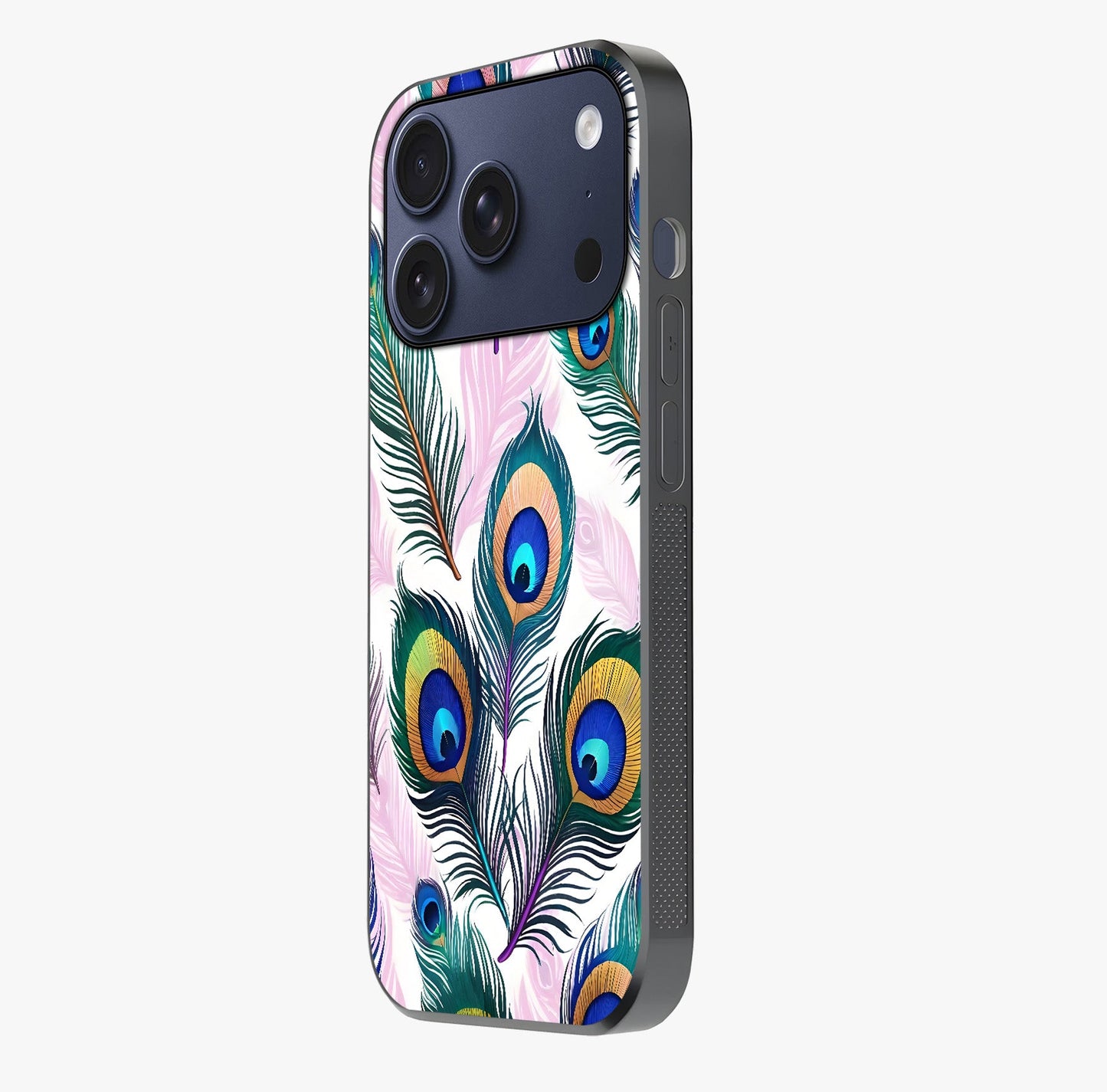 Royal Peacock Feathers Glass Case photographed in natural light showing reflective finish and design depth.