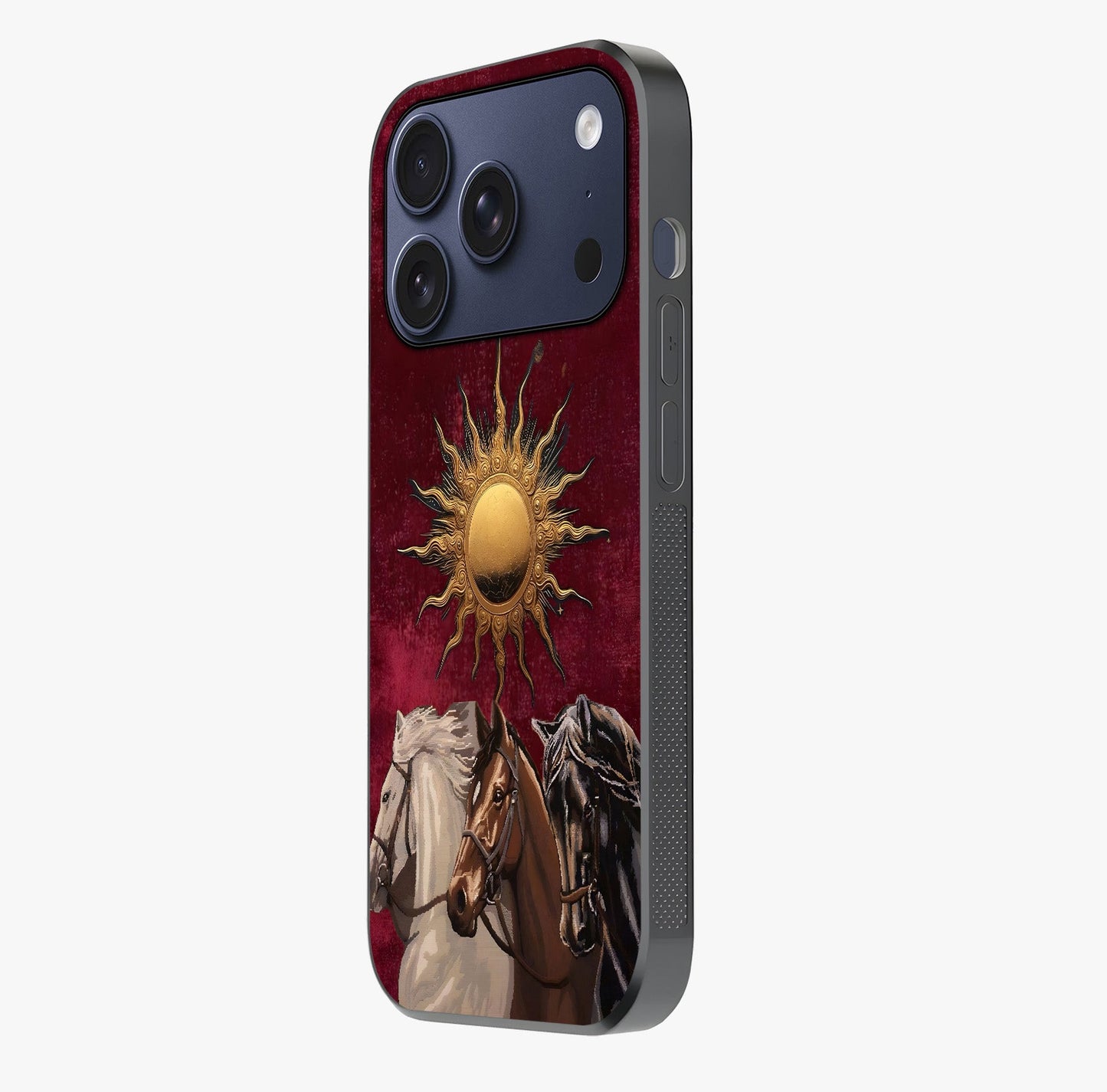 Solar Riders Glass Case photographed in natural light showing reflective finish and design depth.