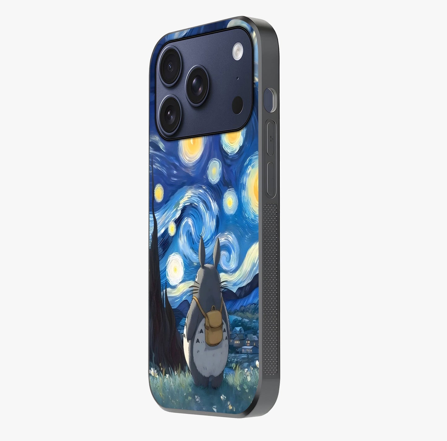 Totoro In Van Gogh Art Glass Case photographed in natural light showing reflective finish and design depth.
