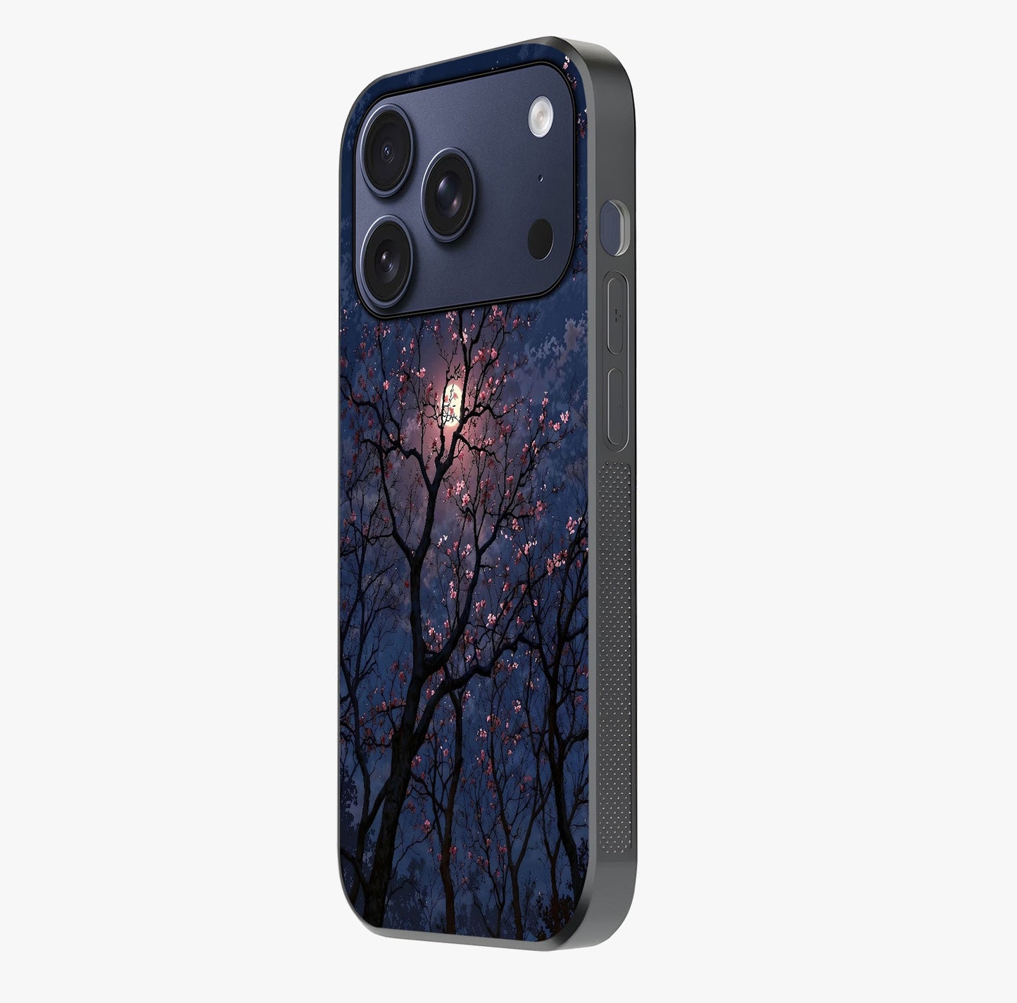 Twilight Sakura Serenade Glass Case photographed in natural light showing reflective finish and design depth.