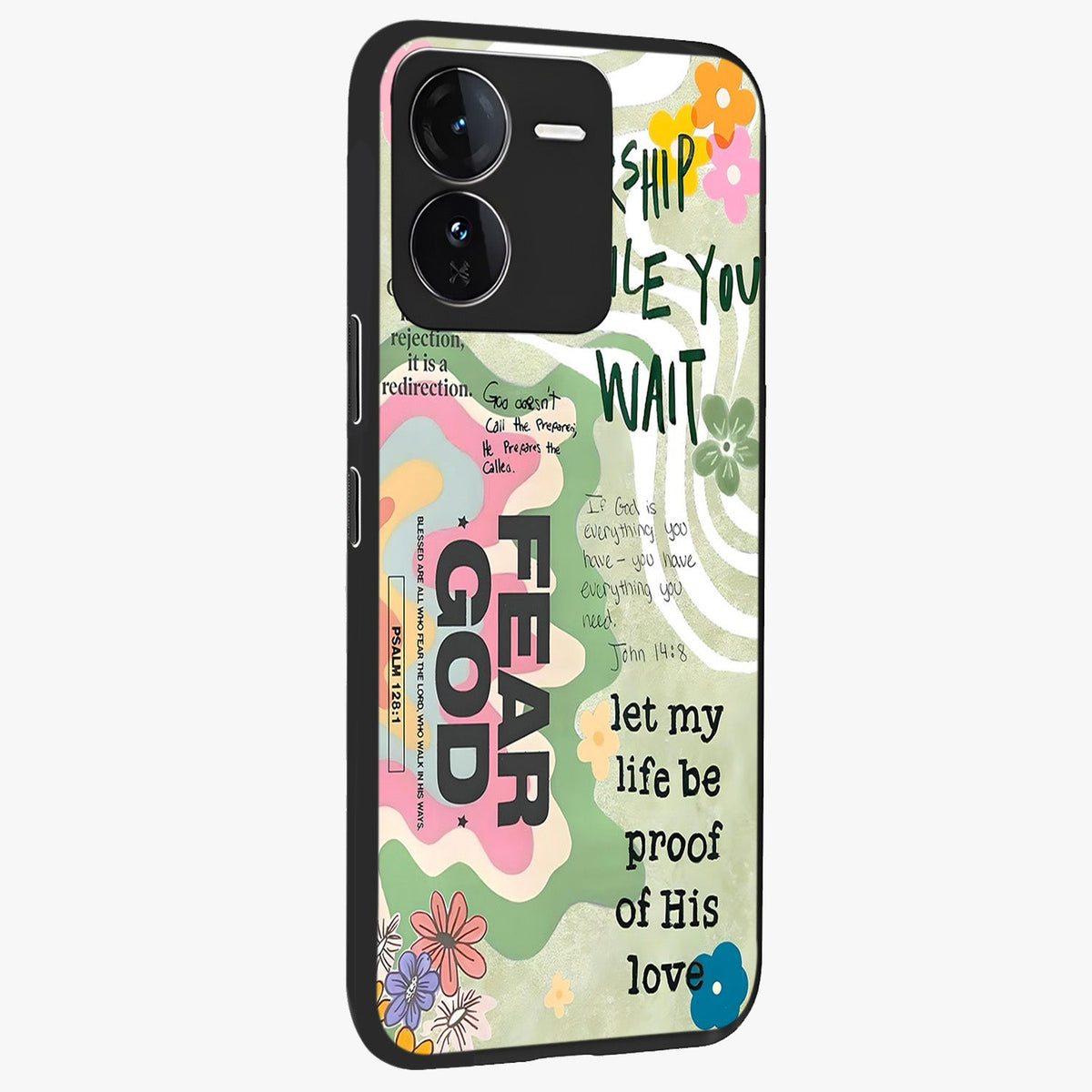Faith Over Fear Glass Case upright view showcasing bold typography artwork with uplifting motivational theme.