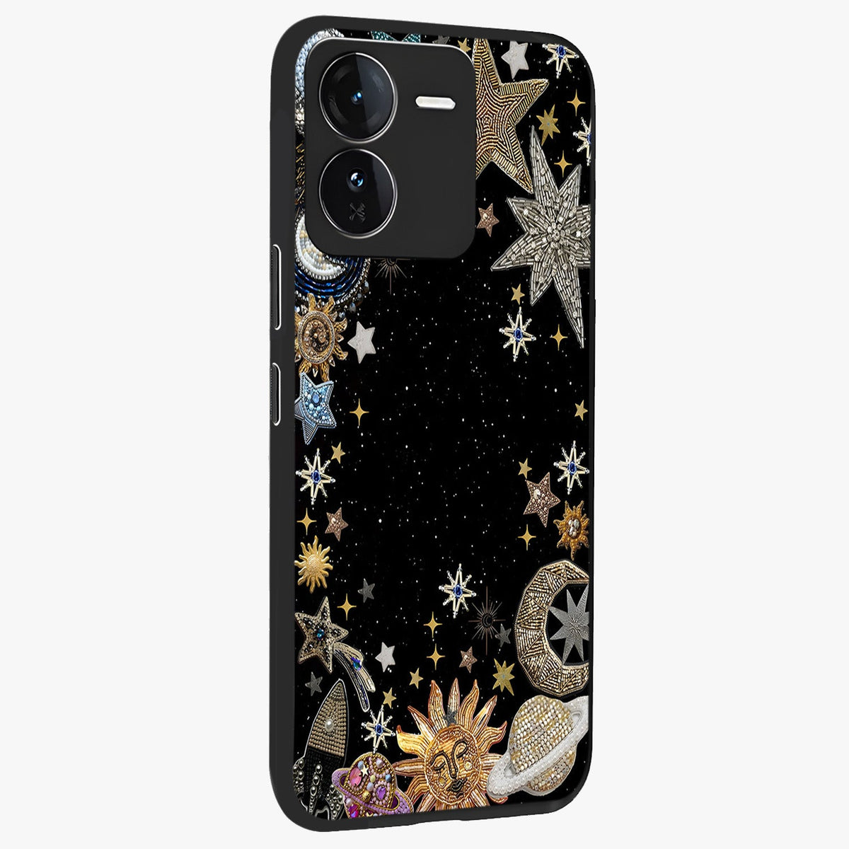 Galactic Jewel Stars Glass Case upright view showcasing glittering star jewel artwork with vibrant galaxy theme.
