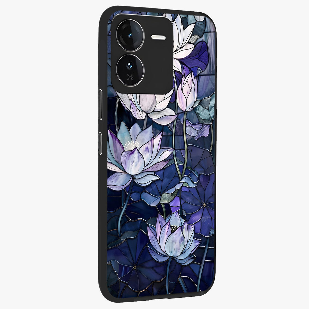 Gloss Petal Rush Glass Case upright view showcasing dynamic floral petal artwork with modern botanical theme.
